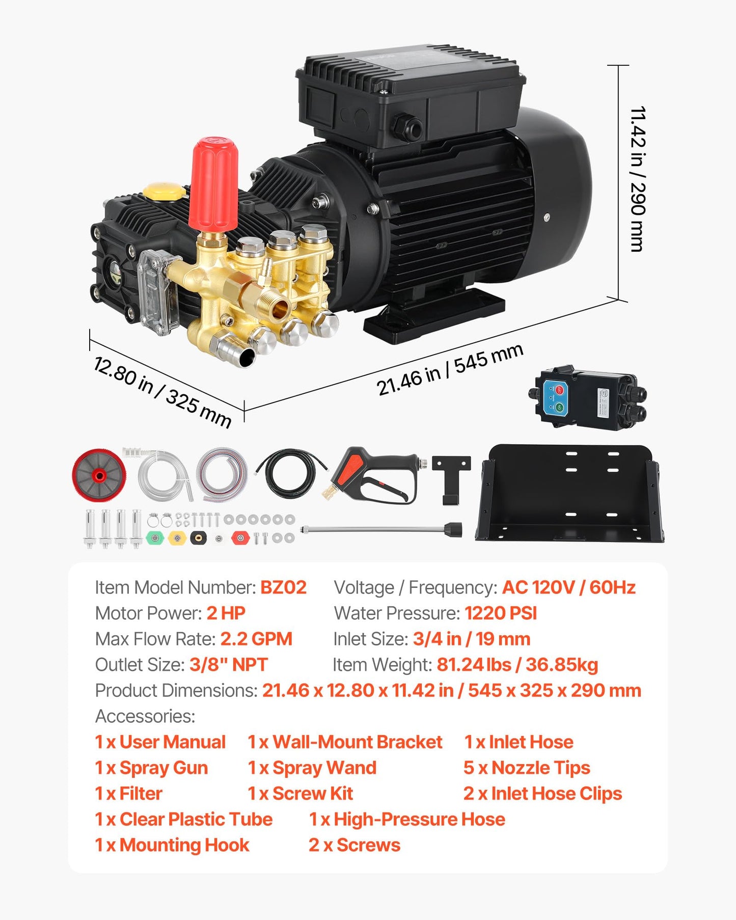 VEVOR Electric Pressure Washer Pump Kit, 1220 PSI, 2.2 GPM, Triplex Power Washer Pump with 2 HP Motor 120 V, Includes Wall Mount Bracket, Spray Gun, Wand, Hose, 5 Nozzles, for Washing Cars, Gardens