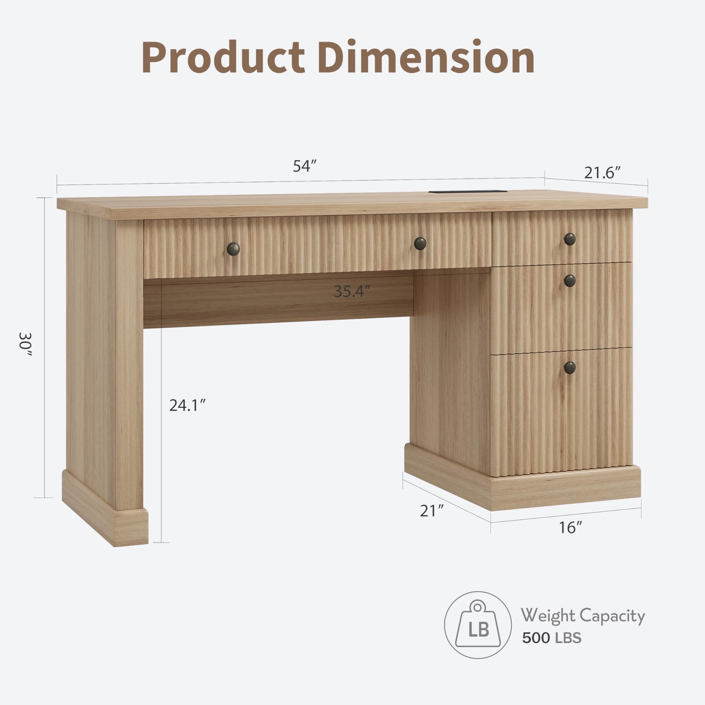 COZONY 54" Home Office Computer Desk with Drawers, Fluted Executive Desk with File Cabinet & Charging Station, Modern Wooden Writing Study Workstation for Study Room