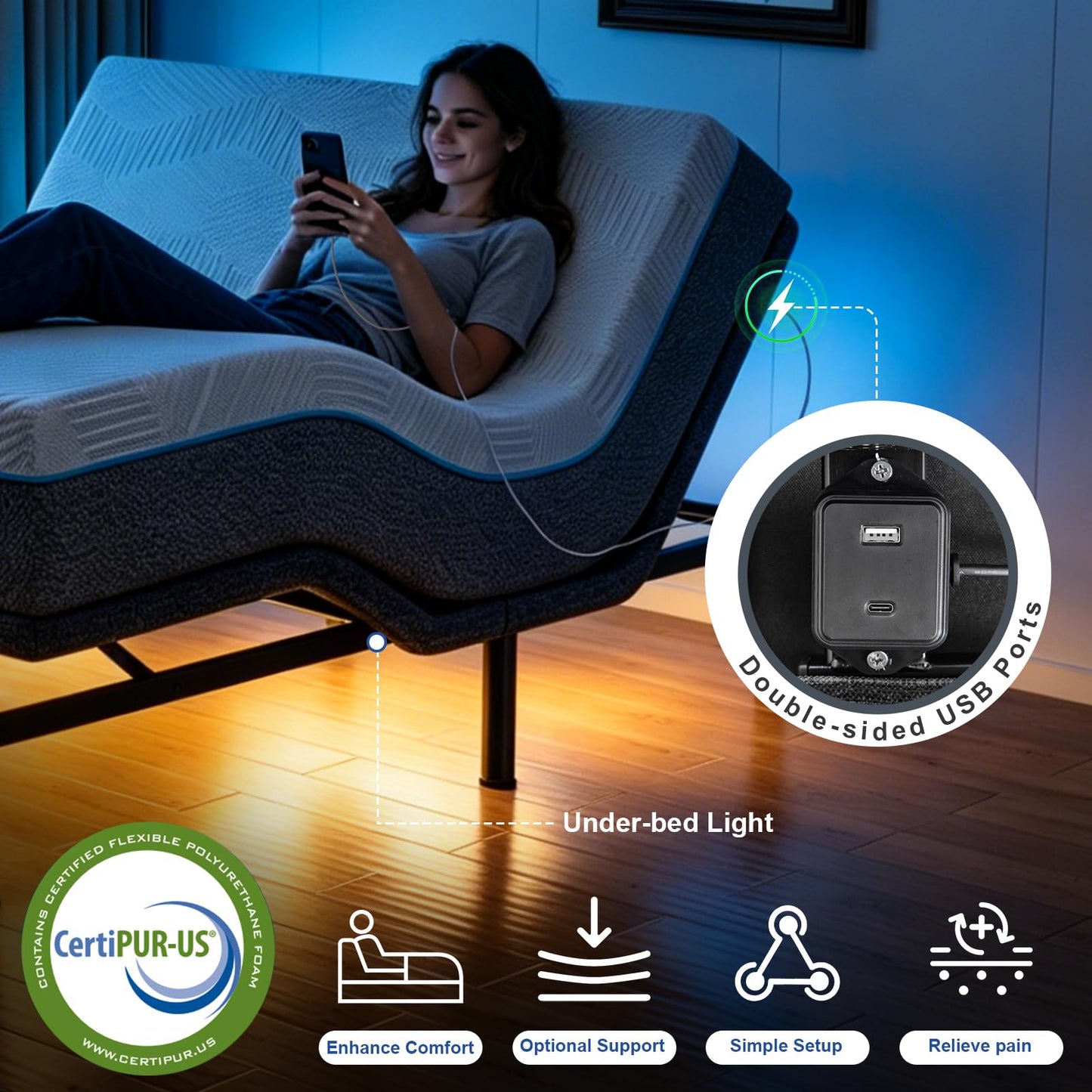 Vipbear Split King Adjustable Bed Frame with Mattress, 12" White Memory Foam Mattress – Electric Bed Base with Pillow-Tilt, Zero Gravity, Anti-Snore, Wireless Remote, USB Ports, Under-Bed Nightlight