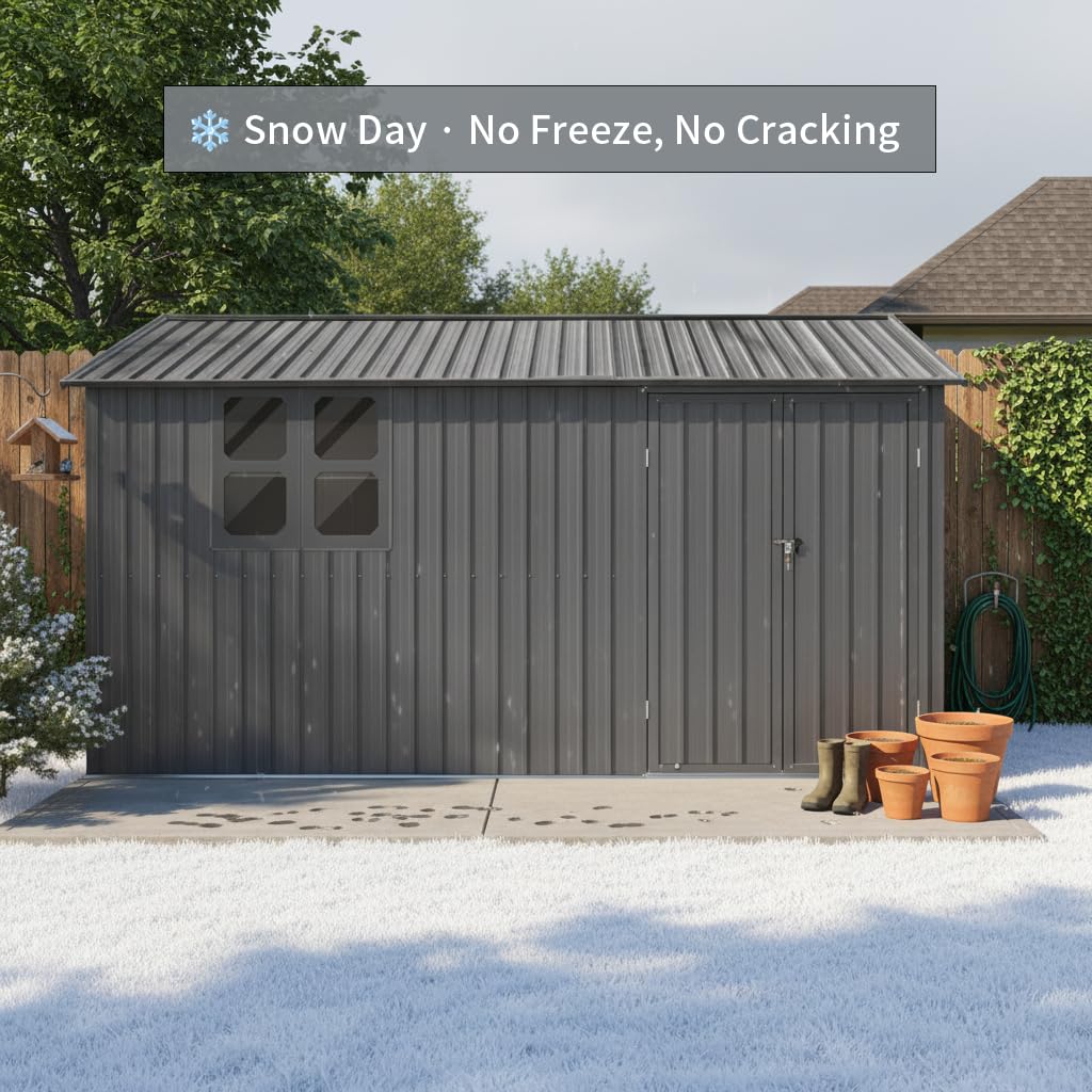 YOPTO 12x10 FT Outdoor Storage Shed,Metal Shed W/Goods Shelves & Window,Garden Tool House W/ 2 Vents & Lamp Hanging Hole & Apex Roof and Lockable Doors,for Backyard Patio Lawn,Grey