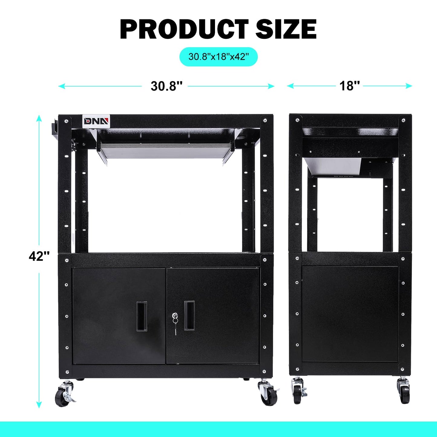 DNA Motoring Steel AV Cart with Extra Storage Cabinet, 30.8" x 18" x 22"-42" Height Adjustable Rolling Projector Utility Cart, TOOLS-00293
