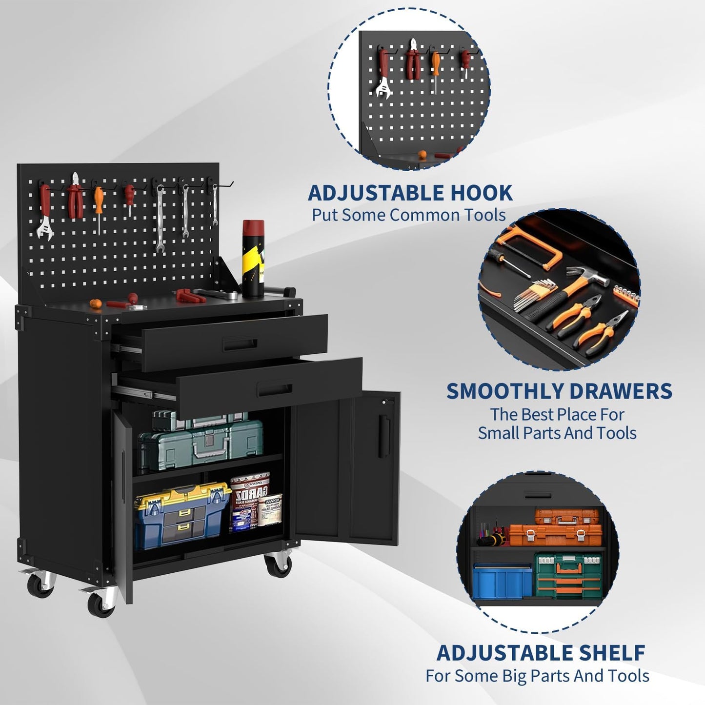 ExploreHorizon 35.4" Tall Steel Rolling Tool Cabinet, Heavy-Duty Mobile Workbench with 2 Deep Drawers, Pegboard, Adjustable Shelves & Locking Casters, Garage Workshop Warehouse Storage Organizer