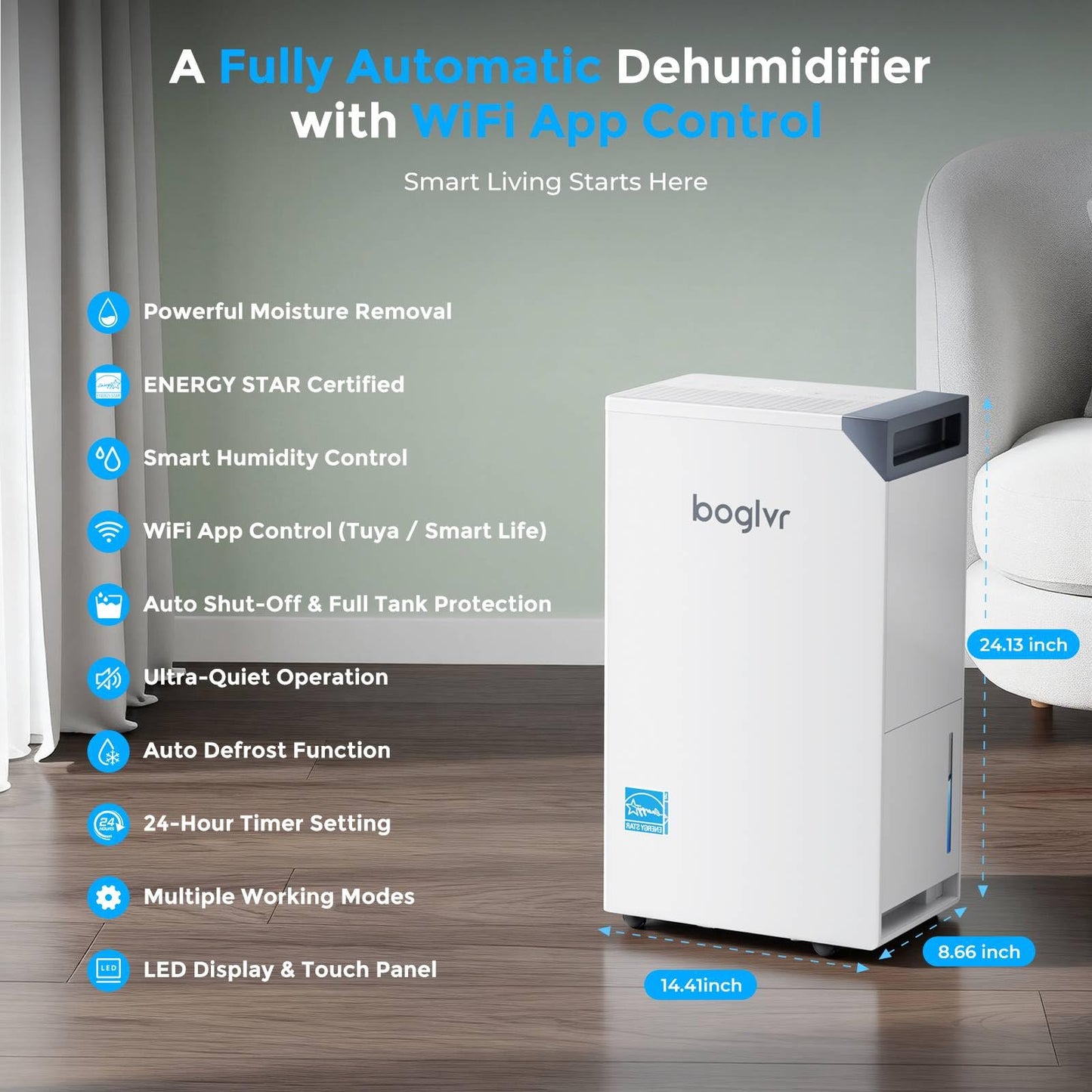 4500 Sq.Ft Most Efficient Energy Star, Max 80Pint/D (Standard 52Pint/D) Smart Compressor Dehumidifier with Drain Hose, WiFi/APP, Intelligent Humidistat, for Basement, Home, Bedroom, Bathroom(White)