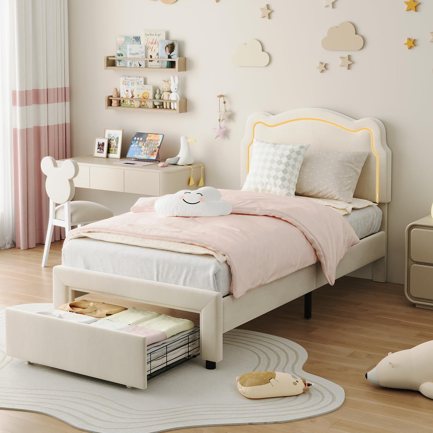 Garvee Twin Bed Frame with LED Upholstered Headboard and Storage Drawer, Kids Princess Velvet Platform Bed with Wooden Slats, No Box Spring Needed, Easy Assembly