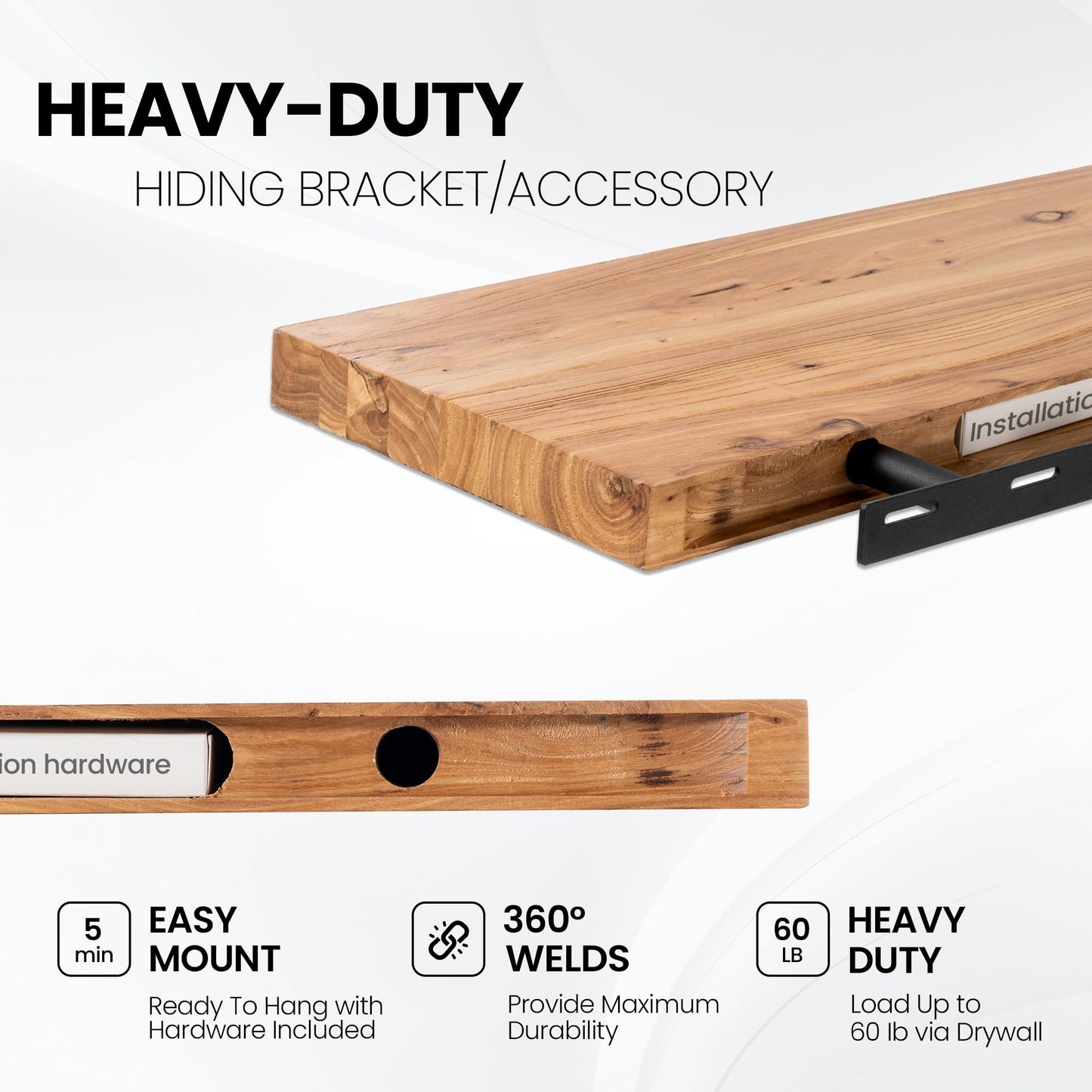 Floating Shelves for Wall, 72"x9.3" Rustic Solid Live-Edge Elm Wood Wall Shelves, Heavy-Duty Floating Shelves with Invisible Brackets for Living Room, Bedroom, and Kitchen, Natural Finish