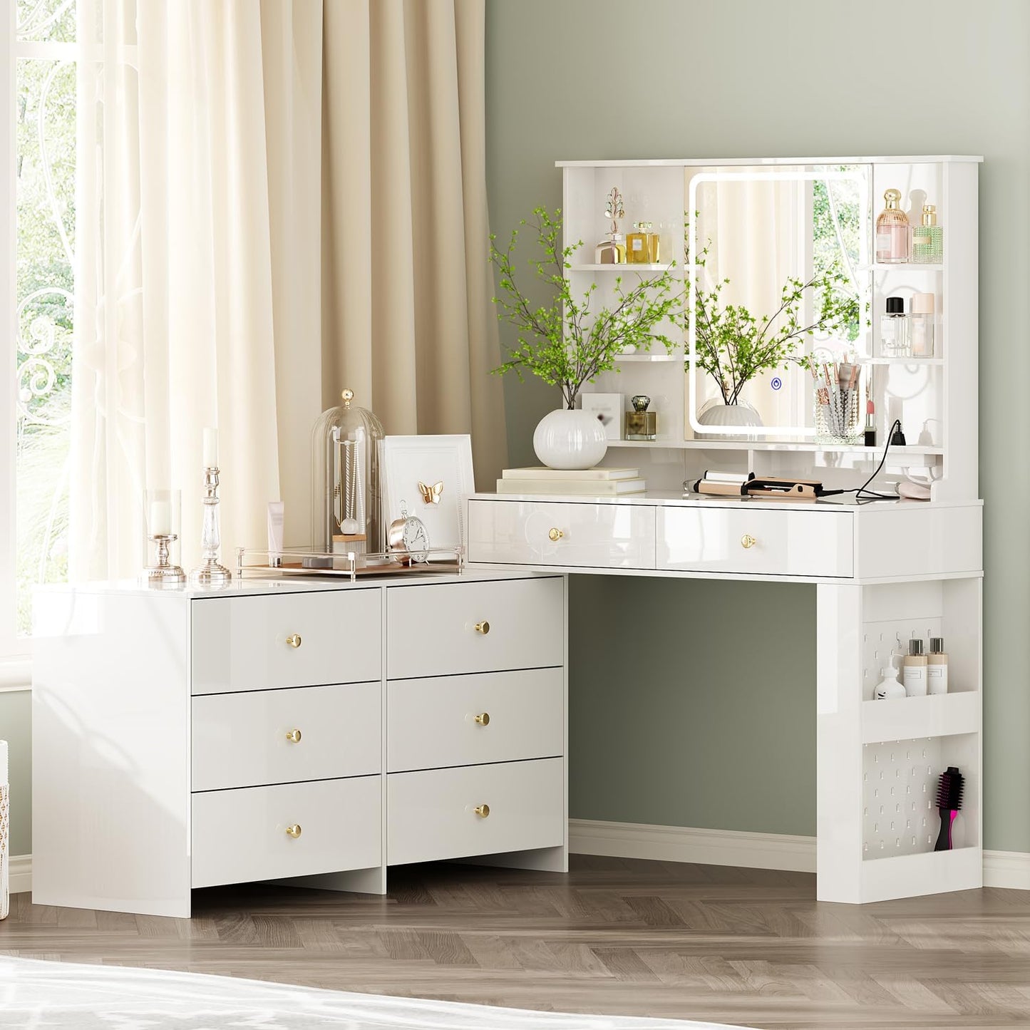 Ieejdn Makeup Vanity Desk with Mirror and Lights, Vanity Desk with 8 Drawers & Storage Shelves, Vanity Table with Power Outlet, 3 Color Modes & Adjustable Brightness Dressing Table, Bedroom,White
