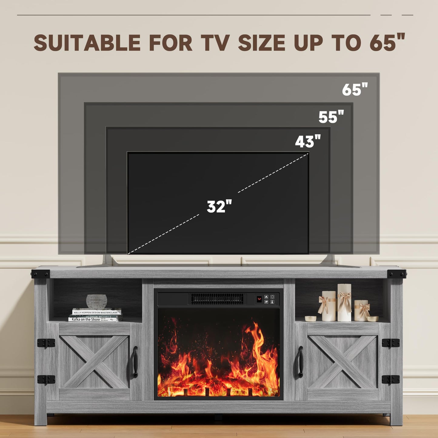 YESHOMY Fireplace TV Stand with Barn Doors and Open Display Shelf, Farmhouse Media Console with Hidden Cable Routing, Entertainment Center for Televisions up to 65+ Inch, Gray Wash