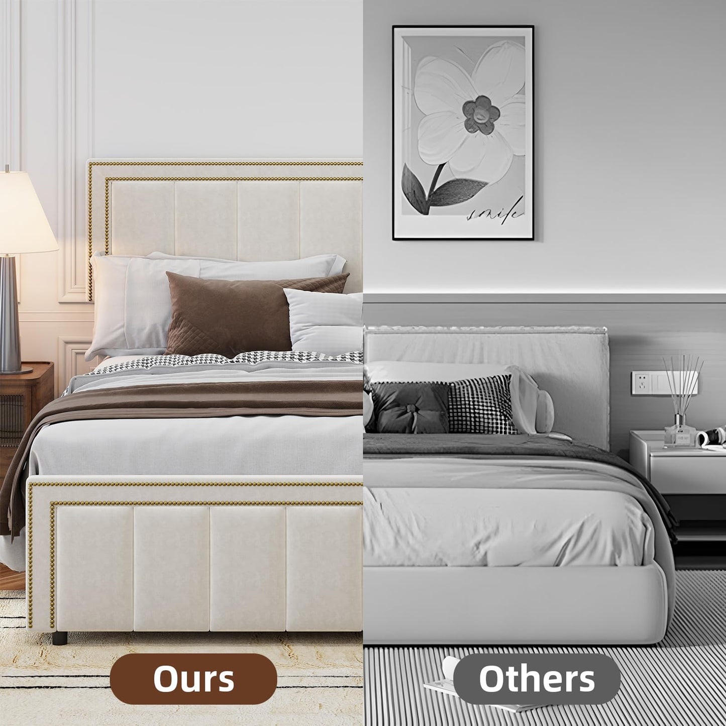 BarnFurin King Size Size Bed Frame with 50" Tall Headboard and Footboard, Chenille Upholstered Bed Frame, Vertical Channel Tufting with Nailhead Trim, No Box Spring Needed, Easy Assembly, Beige