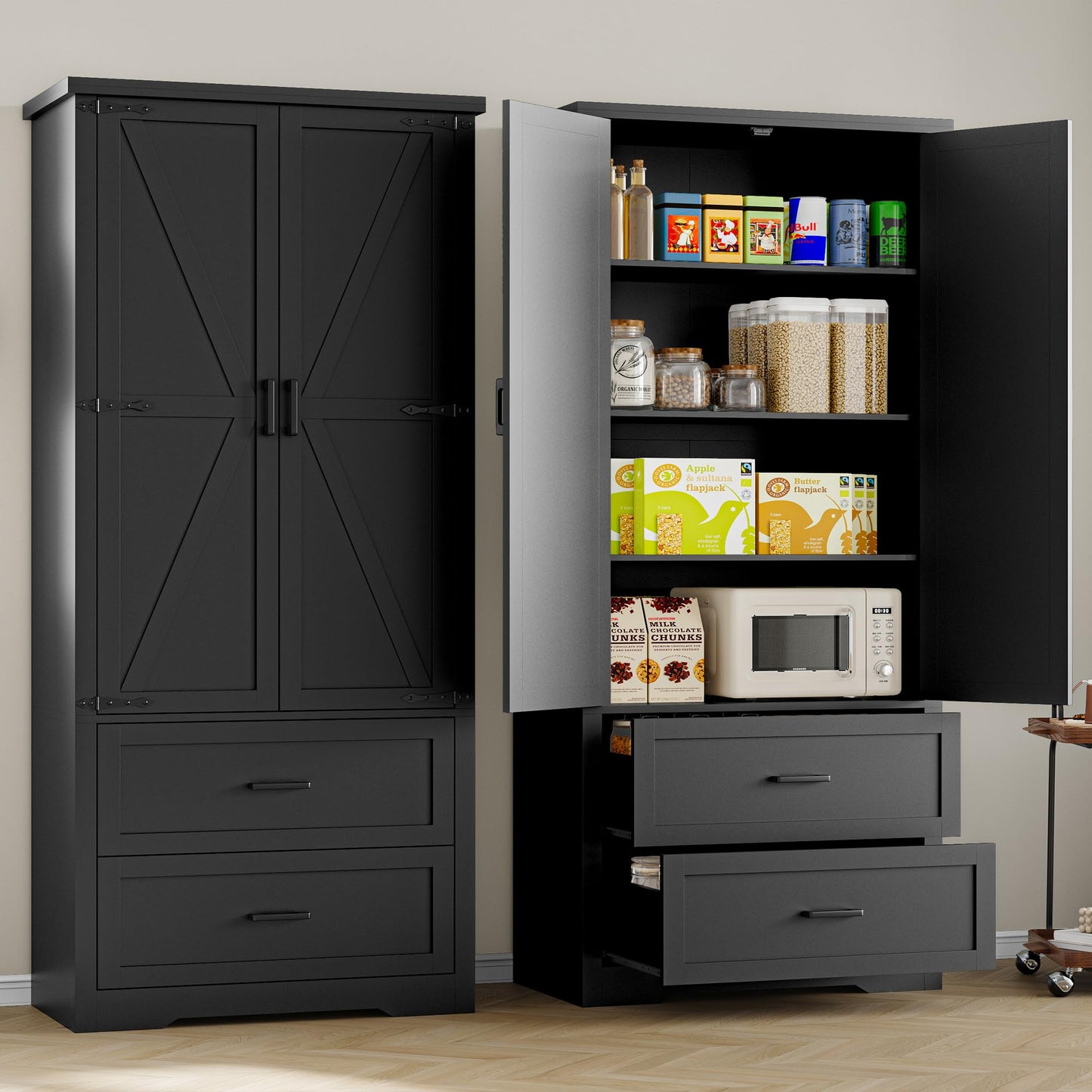BORNOON Pantry Organizers and Storage Cabinet, 71” Barn Door White Kitchen Cabinet with Drawers and Adjustable Shelf, Tall Pantry for Kitchen, Dining Room, Living Room. Bathroom and Office