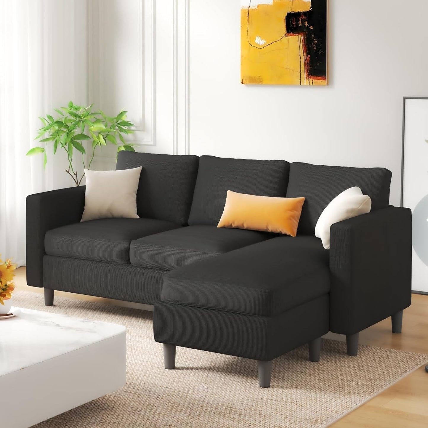 JAMFLY Sectional Sofa for Living Room, 3-Seat Reversible Couch with Convertible Ottoman, Modern L-Shaped Sofas for Small Apartment, Studio & Office, Tool-Free Easy Assembly, Black