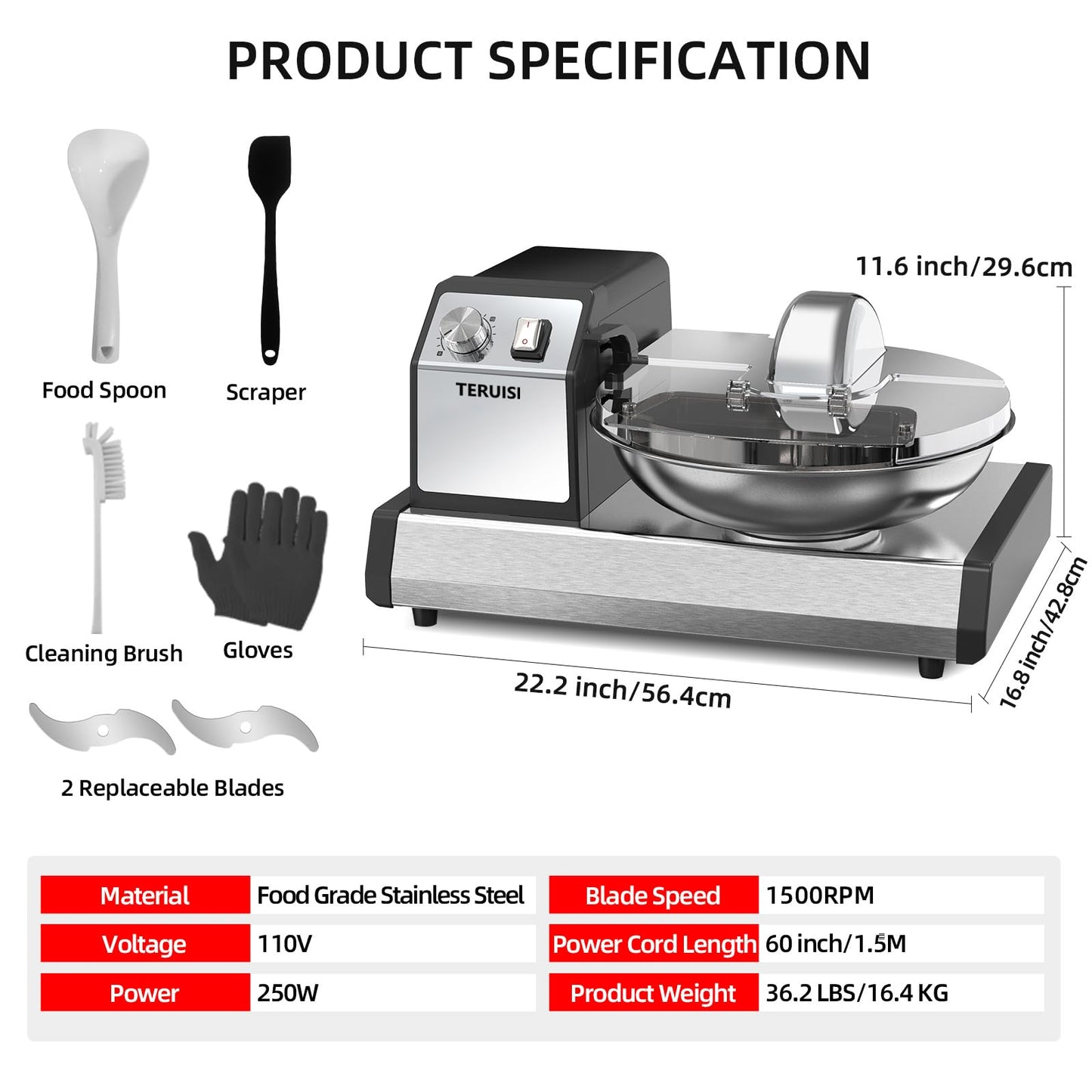TERUISI Commercial Food Processor, 250W Heavy Duty Electric Meat Grinders with 1500RPM Blade Speed, 6QT Stainless Steel Food Bowl and 0-15 Mins Timer, CE Certified Vegetable Chopper Food Mixer Machine