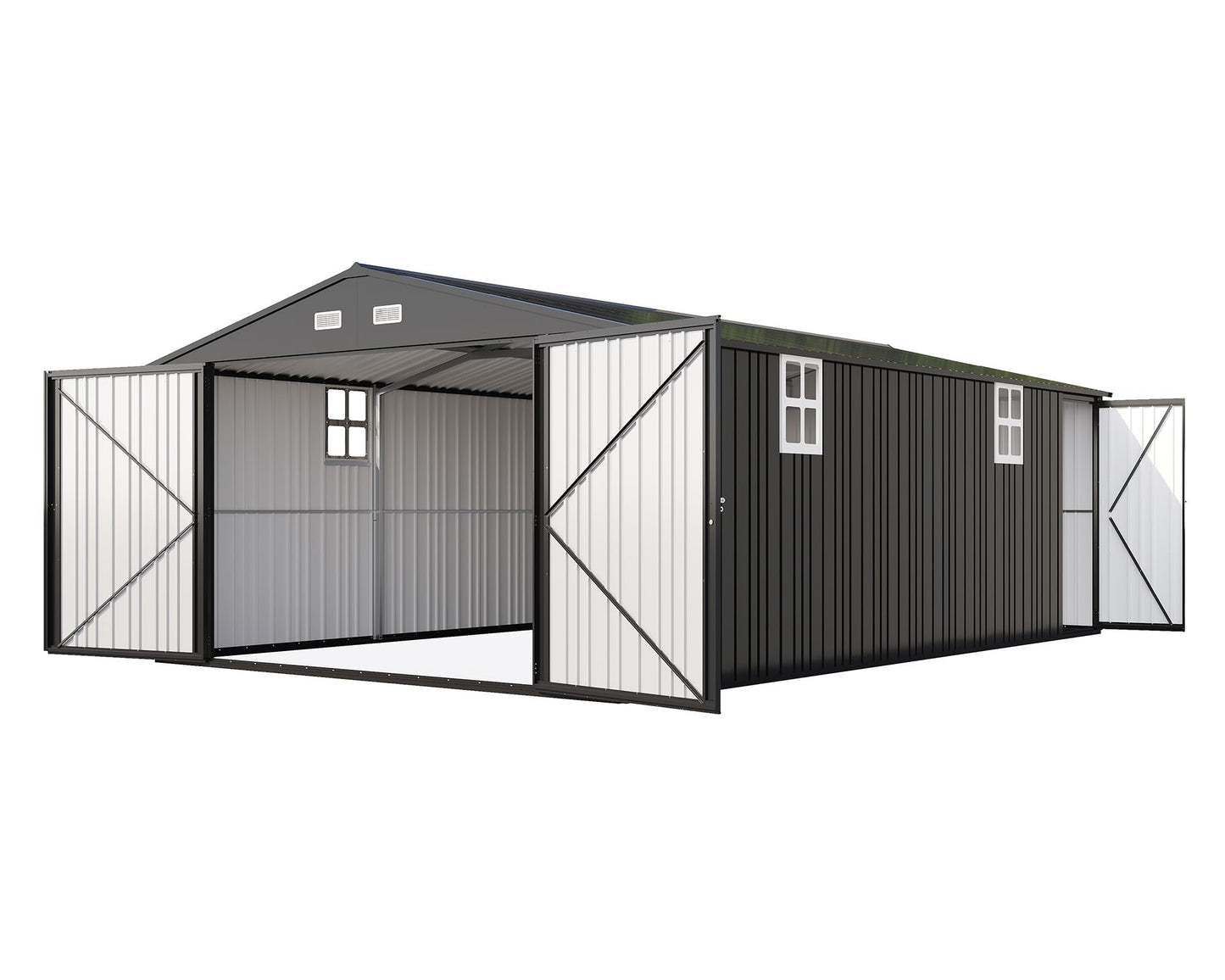 AMERLIFE 13x21x8 FT Metal Garage Shed, Extra Large Outdoor Storage Shed with Double Hinged Doors, 4 Windows, Heavy Duty Carport for Cars, Boats, Trucks and Equipment Storage, Dark Gray