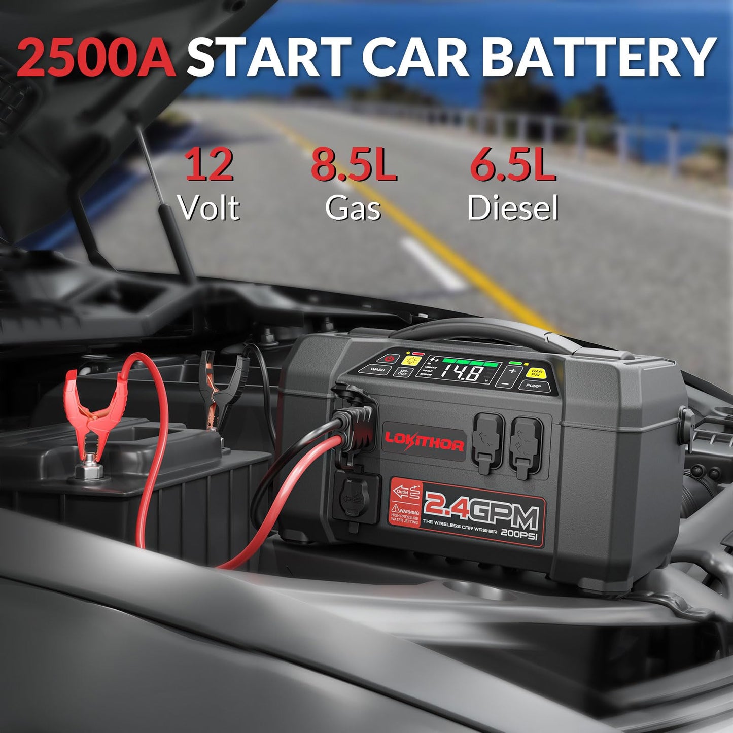 LOKITHOR AW401 5-in-1 Multi-Function Emergency Tool, 2500A Jump Starter + Cordless Air Compressor + Multi-use Pressure Washer + LED Light + Portable Power Bank, for Car Recovery, Camping & Travel