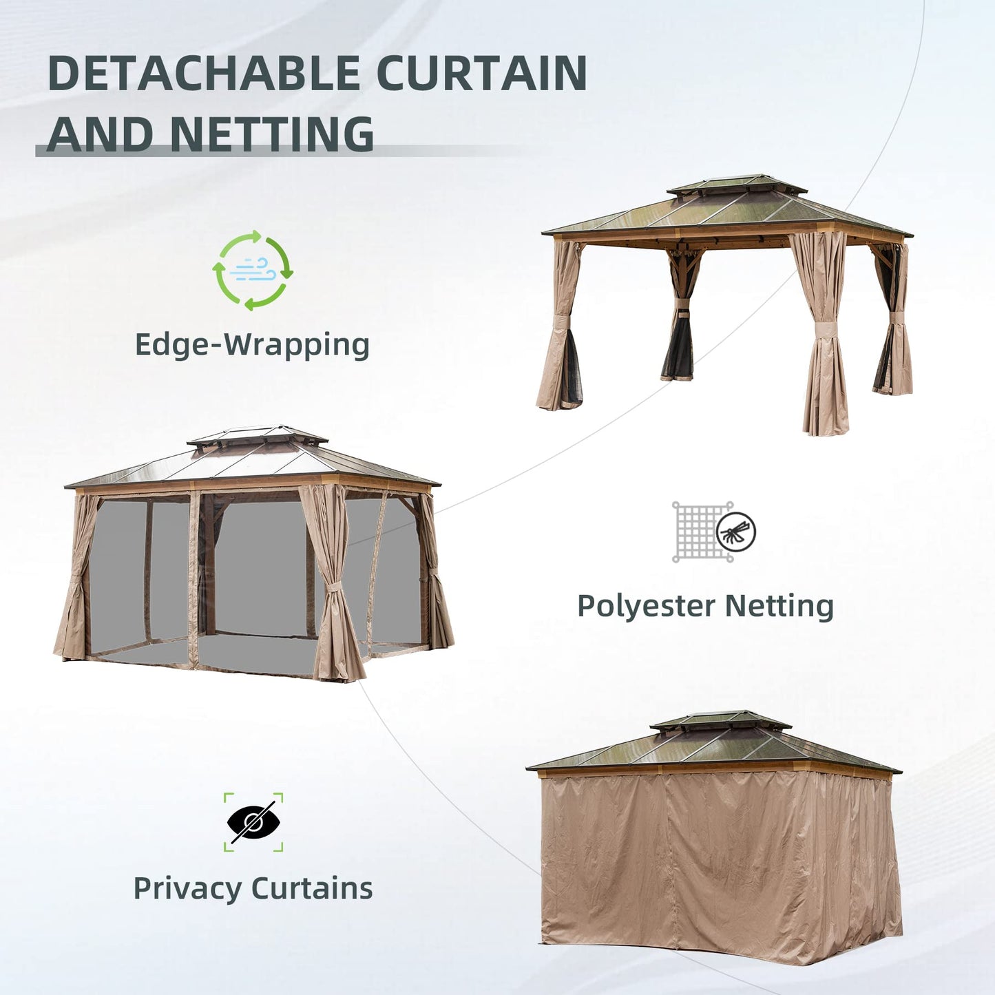 Domi 10' X 12' Hardtop Gazebo with Polycarbonate Double Roof, Aluminum Frame, Curtains & Netting, All-Weather Backyard Shade Structure for Patio, Garden, Deck, and Lawn, Wood-Look Finish