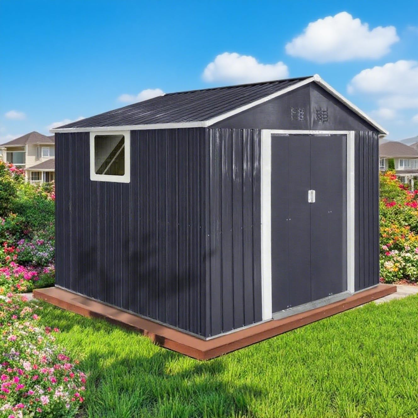 LINKHOO 9 x 10.6 Ft Outdoor Storage Shed, Heavy-Duty Metal Shed with Windows & Secure Lockable Doors, Ideal Storage Shed for Outdoor, Patio, Garden, and Backyard, Black