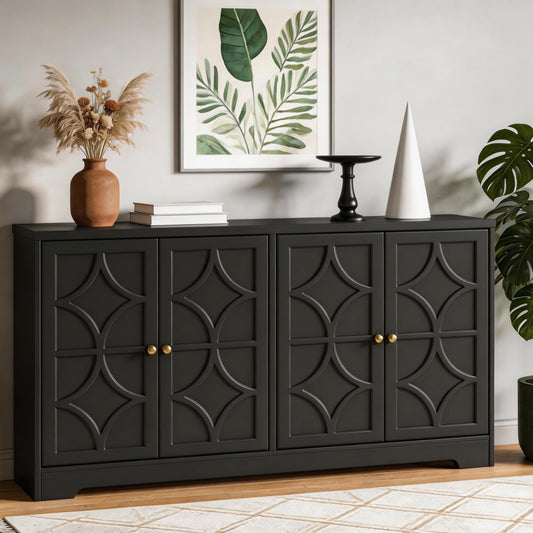 RoyalCraft Sideboard Buffet Cabinet with Storage, 56" Modern Sideboard with 4 Carved Doors, Large Wood Coffee Bar Console Table for Kitchen, Dining Room, Entryway, Living Room, Black