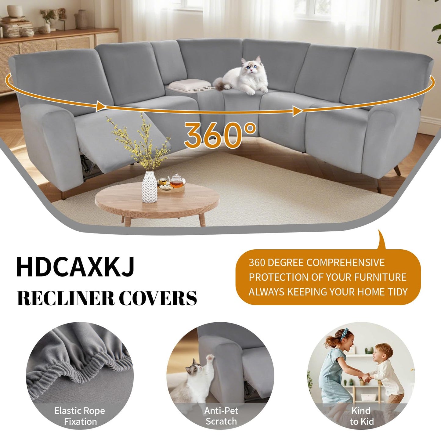 HDCAXKJ Reclining Sectional Couch Covers Velvet L Shaped Sectional Sofa Cover Washable Stretch Soft Corner Recliner Slipcover with Non-Slip Elastic Bottom (5 Seat and 2 Middle Console, Light Gray)