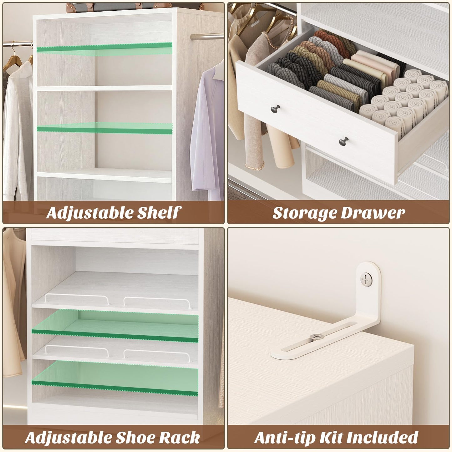 Armocity Wood Closet Organizer System - 4FT-9FT Expandable Wardrobe Closet with Drawer & 4 Hanging Rods, Heavy Duty Walk-in Closet 1000Lbs for Bedroom Walk-in Closet, White