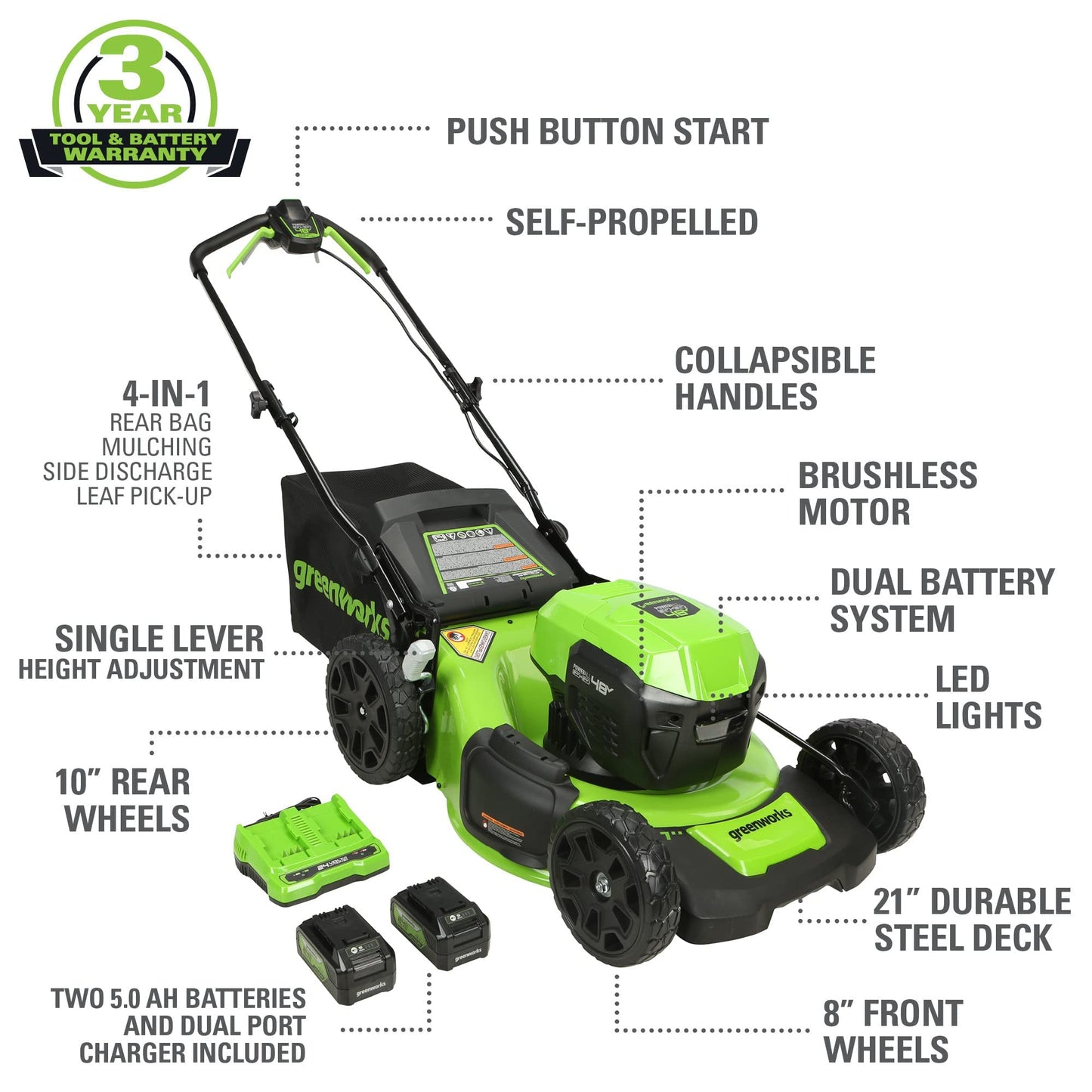 Greenworks 48V (24V x 2) High - Performance Cordless Yard Tool Combo: 21" self propelled lawn mower, 12" Trimmer & Blower, with 3 Batteries & 2 Chargers