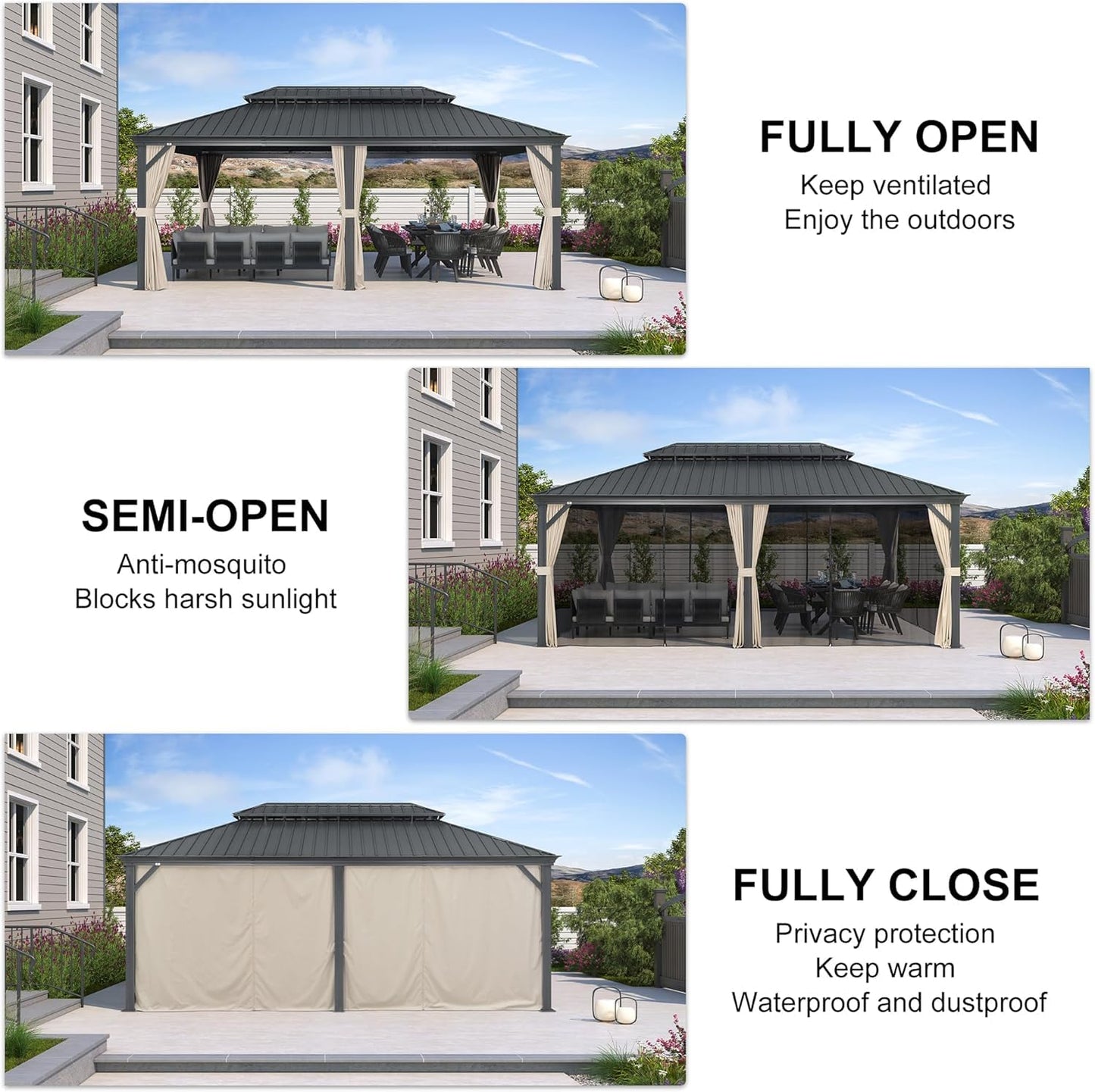 PURPLE LEAF 12' X 20' Hardtop Gazebo Aluminum Gazebo with Galvanized Steel Double Roof for Patio Lawn and Garden Curtains and Netting Included Beige