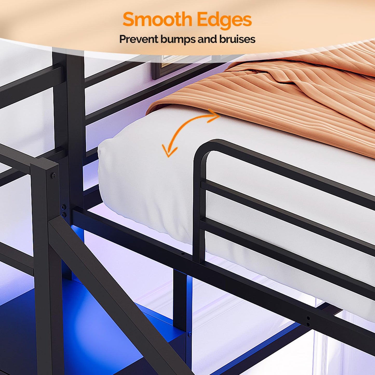 VINGLI Full Size Loft Bed with Desk and Storage Stairs, 15-inch Extra Tall Guardrail, Metal High Sleeper Bed with 2 Charging Stations and LED Lights, Space Saving Bed for Teens/Adults, Black