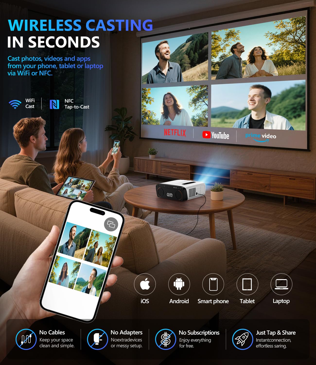 4K Smart Projector with Google TV & Netflix, 2500 ANSI Daylight Home Theater Projector, 70W Dolby Audio, TV Replacement Projector with 2 Wireless Mics, Family Karaoke, ToF Laser Auto Focus, HDMI ARC