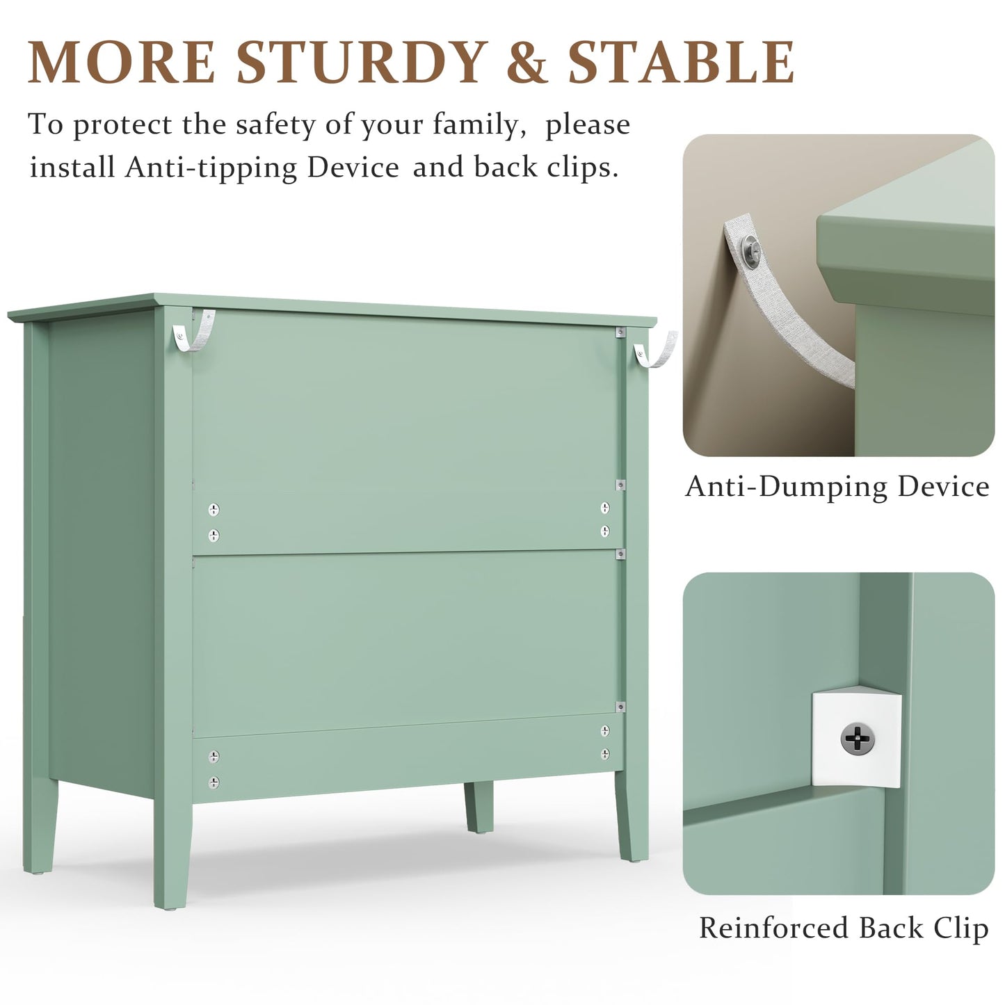 May in Color Sage Green Large 3-Section Set of 2, Painted 30 Inch Tall Wood Nightstand with Storage, Wide Modern Cabinet with Ball Bearing Slide for Hallway Living Room Entryway