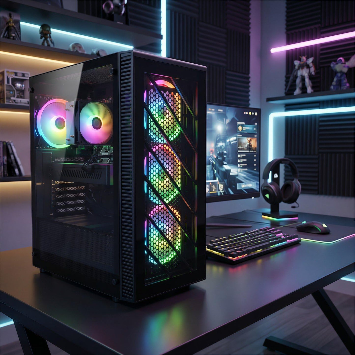 STGAubron Gaming PC Computer Desktop, Intel Core i7 up to 3.9G, Radeon RX 590 8G, 32GB RAM, 1TB SSD, WiFi 6, BT 5.0, RGB Fan x4, Windows 11 Home