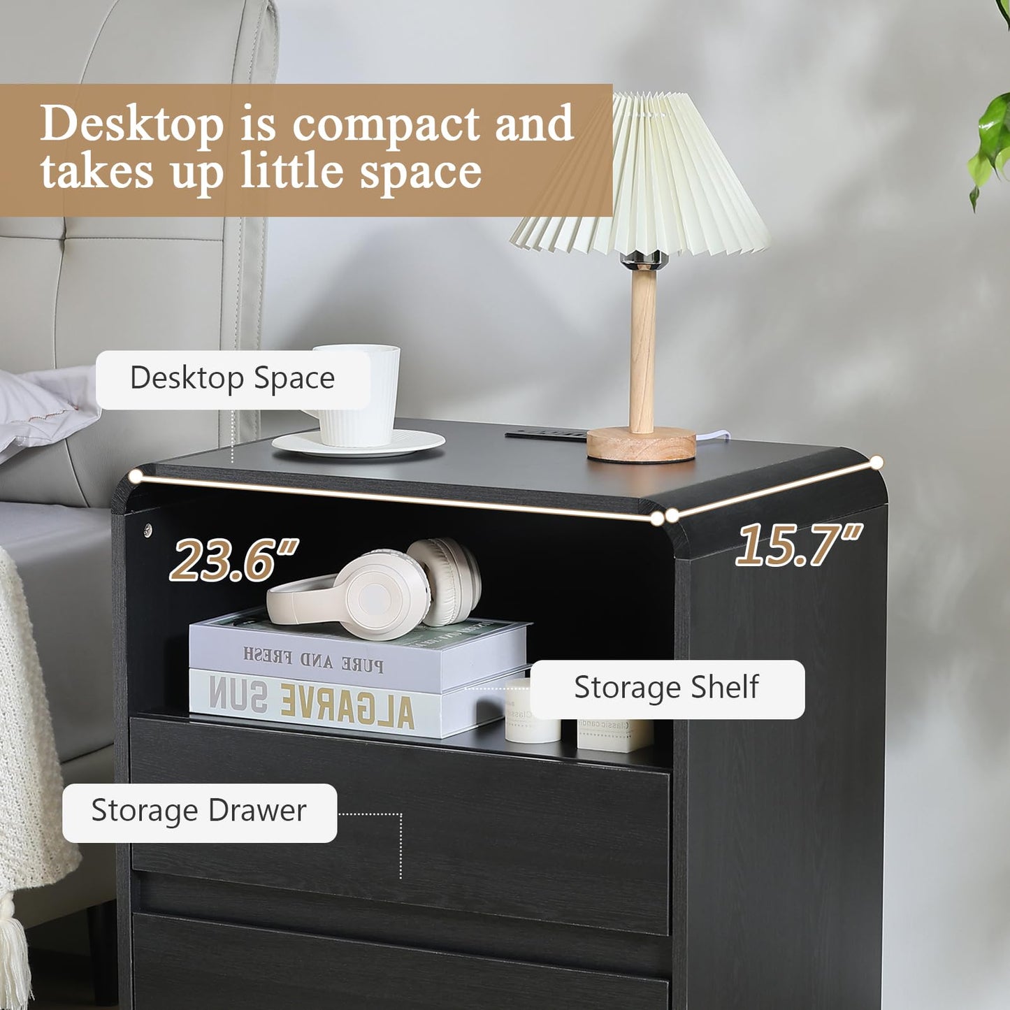 HtThalamic Modern Nightstands Set of 2, Black Night Stand with Charging Station, Wood End Table with 2 Drawers, 23.6'' Wide Bedside Cabinet for Bedroom