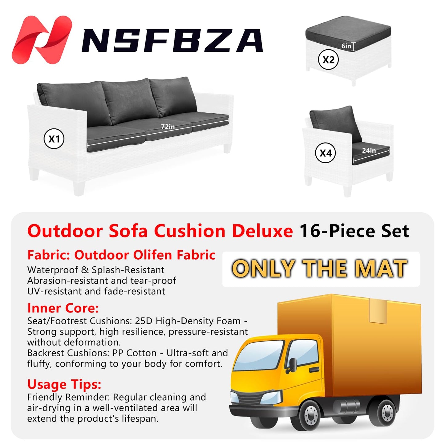 (Only Cushions)16 Piece Patio Cushion Set for 10 Pieces Wicker Rattan Conversation Sofa Set with Swivel Rocking Chair and Ottomans,6" Thick Cushion for 7 Person Patio Conversation Sets (24*24in)