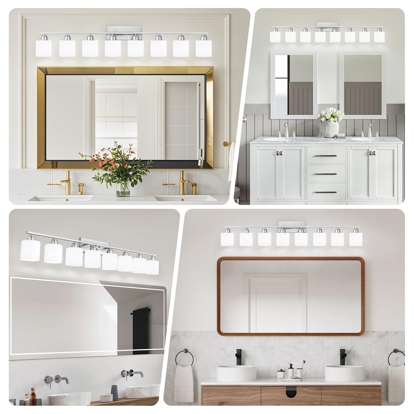 FAISHILAN Brushed Nickel Bathrooms Lights for Huge Mirror, 8 Light Anti-Rust Finish with Milky White Frosted Glass Shades, 51 Inch Above Mirror Lights for Bathroom, E26