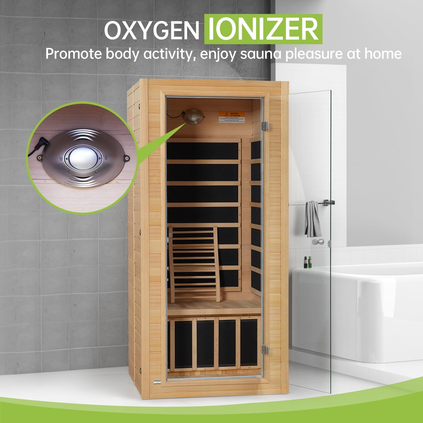Real Relax 1 Person Infrared Sauna, Indoor Near Zero EMF Canadian Hemlock Wood Sauna with 1400W, 9 Chromo Therapy Lights, Oxygen Lonizer, Bluetooth, LCD Control Pannel for Home Spa Days