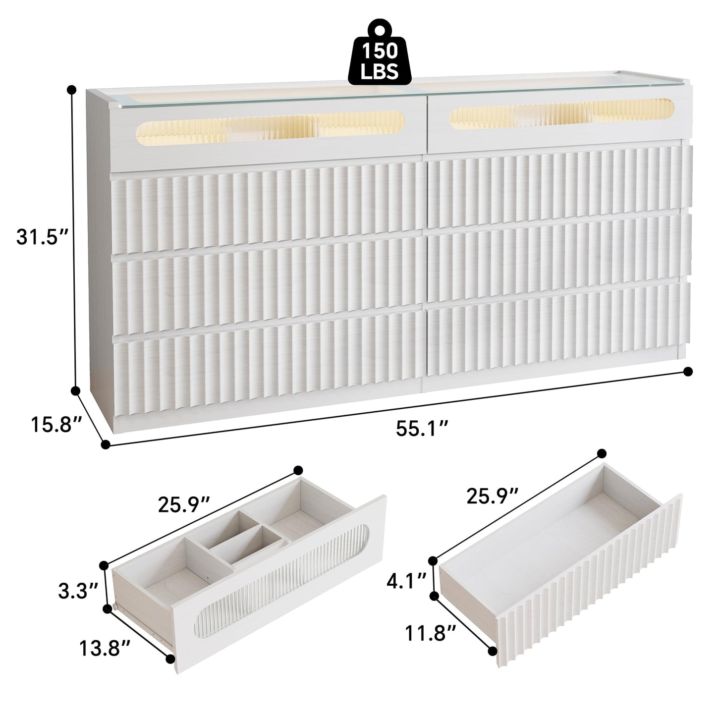 senlin Fluted 8 Drawer Dresser,with LED Lights,Tempered Glass Panel,Drawer Dresser,Hidden Handles.Compartmentalized Storage Drawer,Bedroom,Entryway,Wood Vanity