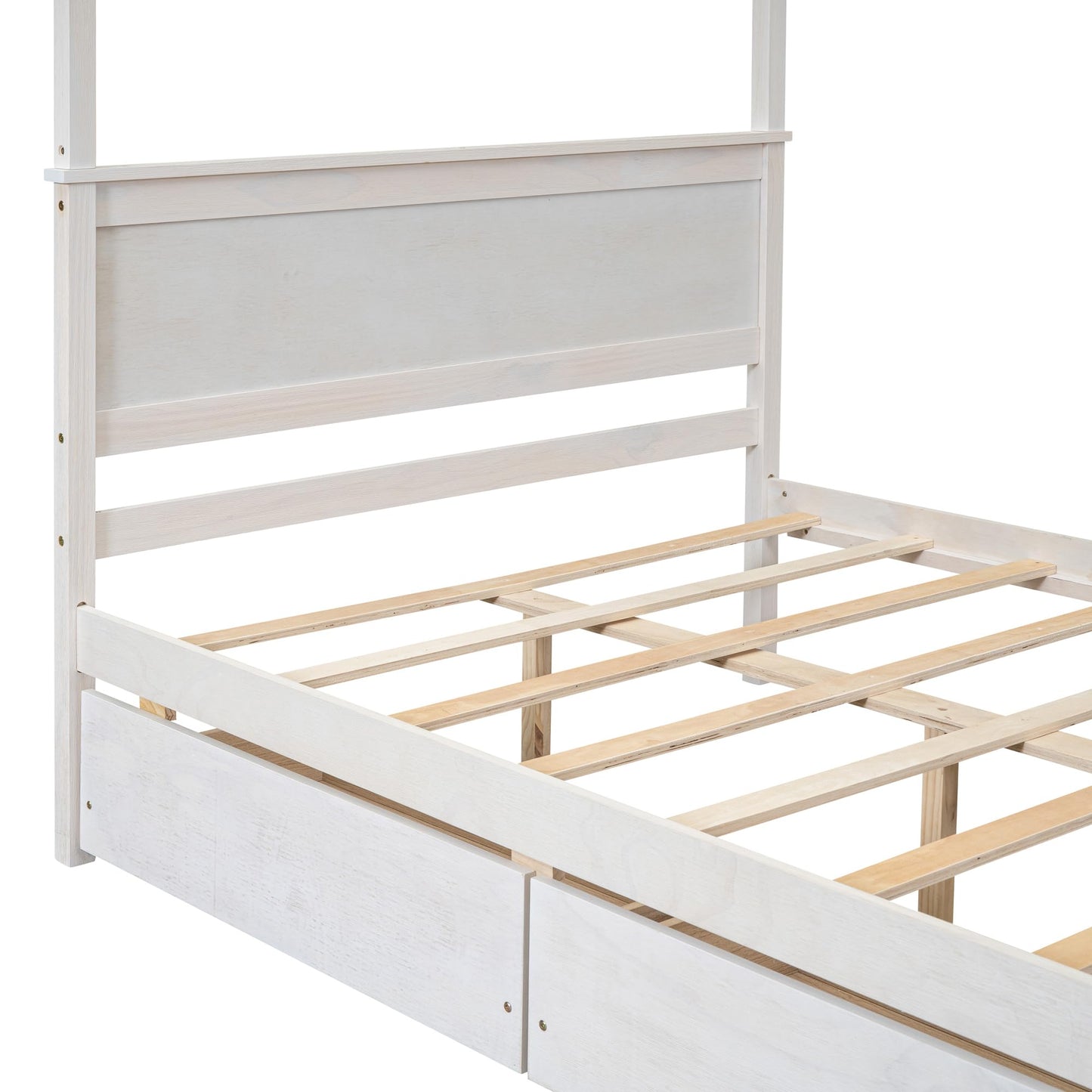 Merax Full Size Canopy Platform Bed with 2 Drawers, Wooden Bed Frame with Support Slats, No Box Spring Needed, Brushed White