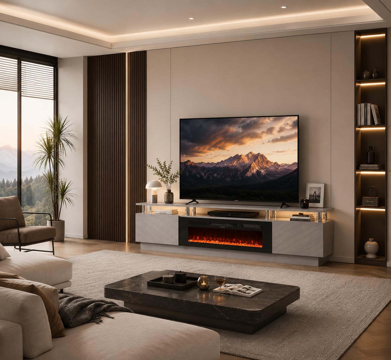 OneBlis 70" TV Stand for Living Room, Entertainment Center with Storage Cabinet, Fits TVs up to 80", Modern Media Console with Shelves, 36" Electric Fireplace (Grey+Black)