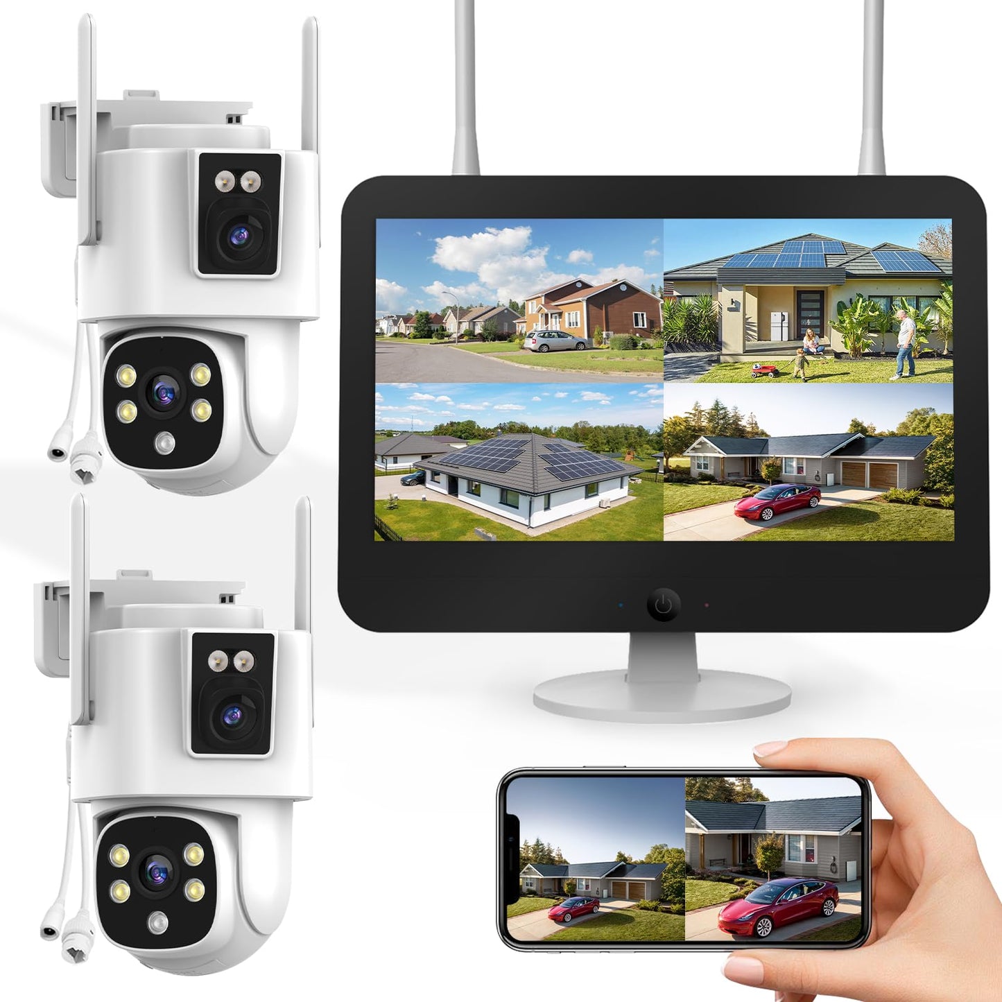 Wireless Security Camera System for Home, Wkkengd Dual Lens 2K+2K Auto Tracking Outdoor Surveillance | 2 Cameras with 10CH NVR | 12.5" Monitor with 128G| Color Night Vision | WiFi 6 | Alexa Compatible