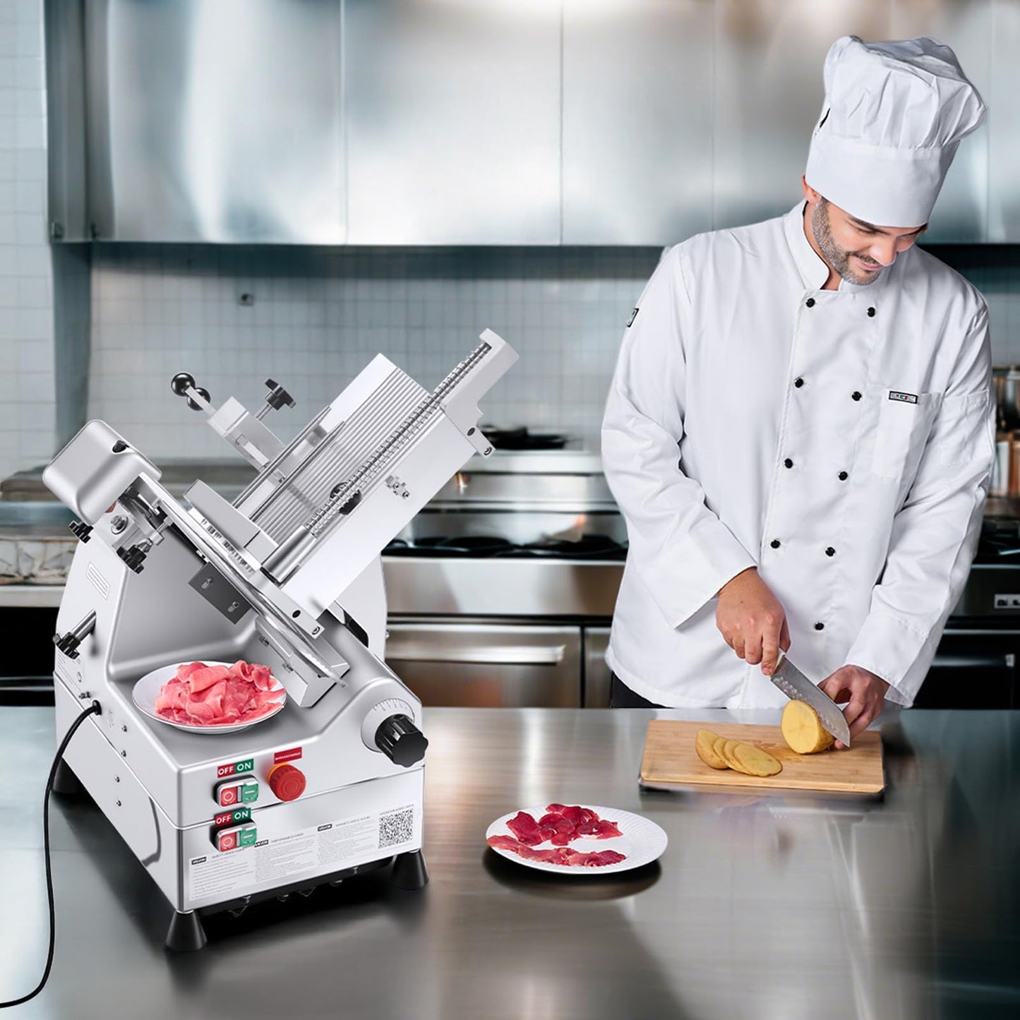 VEVOR Automatic Meat Slicer, 500W Electric Deli Slicer Machine with 10 inch Sharp 75Cr1 Steel Blade, 0-0.67 inch Adjustable Thickness, 633 RPM Fast Slicing, for Frozen Meat, Hard Cheese, and Bread