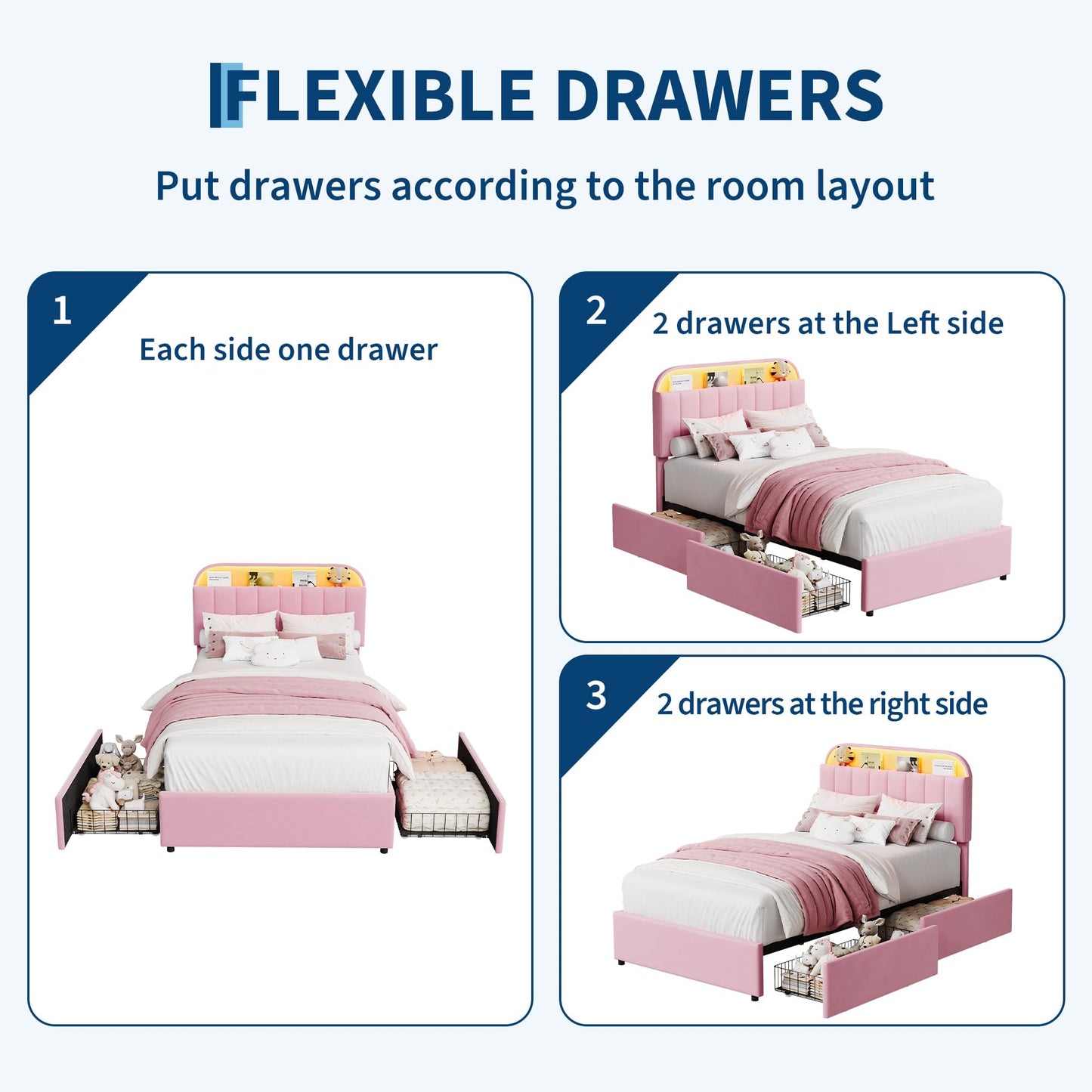 GarveeHome Twin Bed Frame with Storage Headboard, Kids Bed Frame with 2 Drawers, Velvet Upholstered Platform Bed Frame with Lights, No Box Spring Needed, Easy Assembly, Velvet Pink