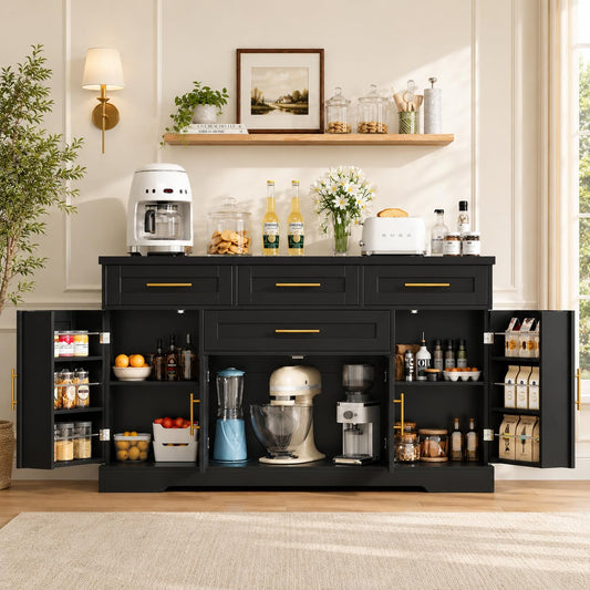 Concho 54" Buffet Cabinet with Storage, Kitchen Sideboard Cabinet with 4 Drawers, Coffee Bar Cabinet with Shelves, Modern Storage Cabinet for Dining Room, Living Room & Kitchen, Black