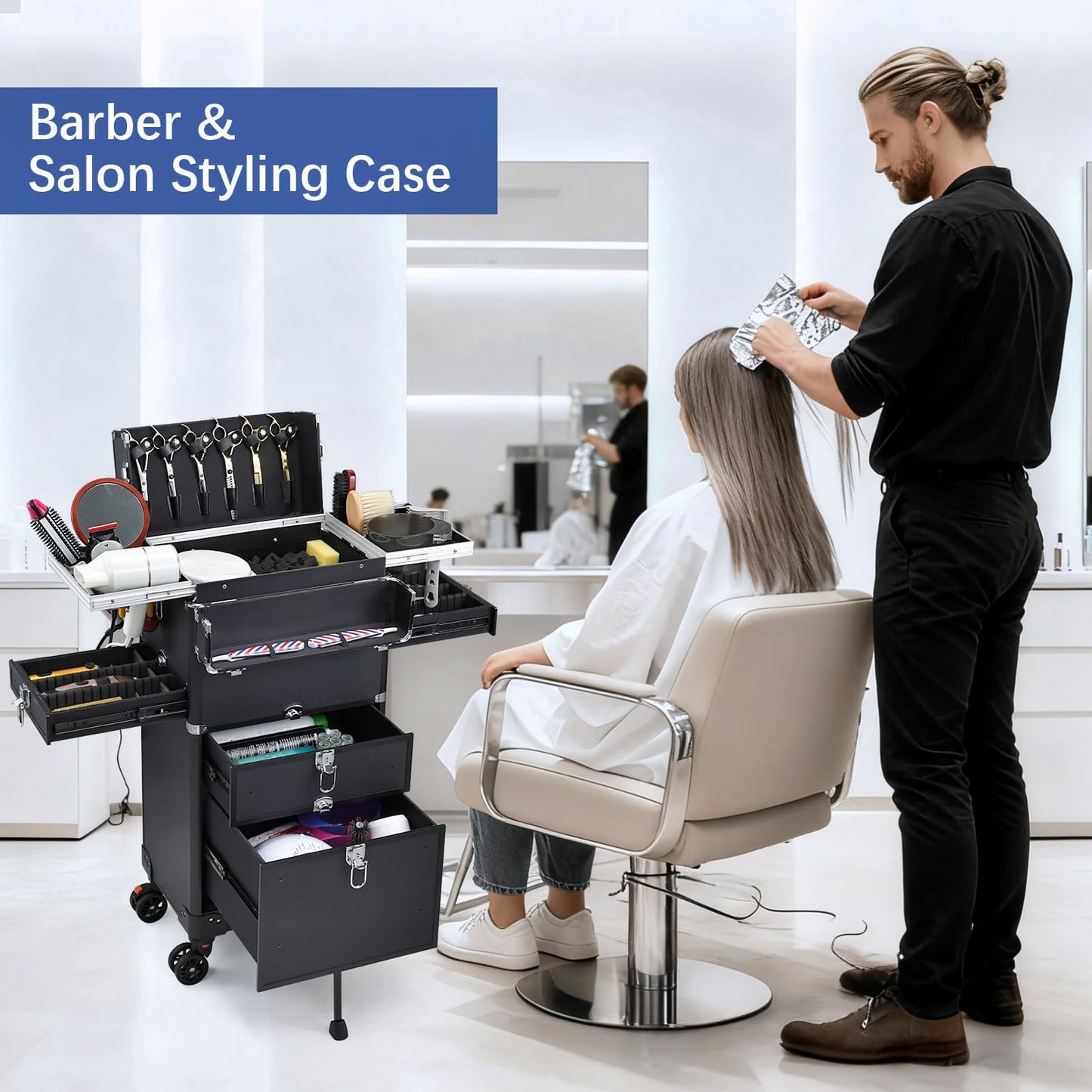 Yueieoun Salon Cart with 4 Drawers, Hair Stylist Cart with Wheels Portable Salon Station with Worktop Tray, Rolling Makeup Train Case Cosmetology Case for Barbering or Hairstyling Service