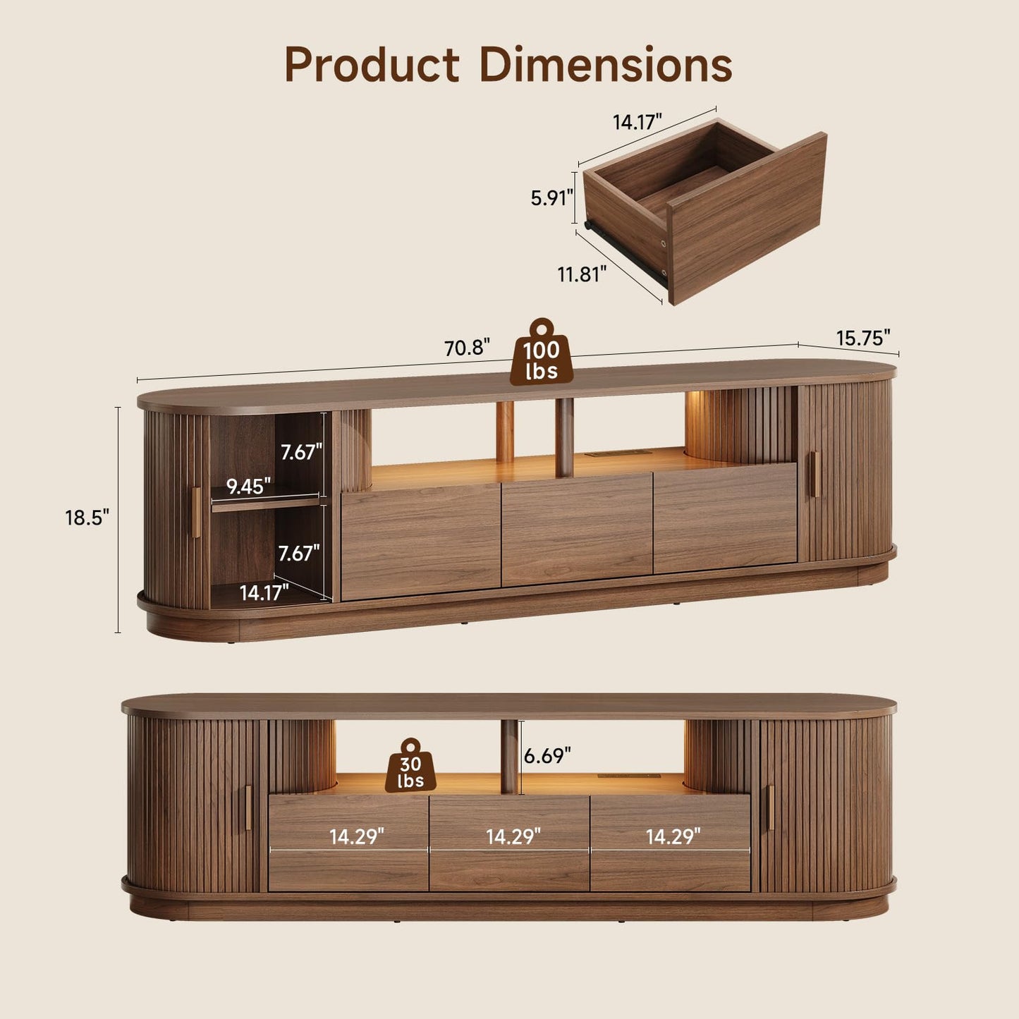 ONBRILL 71" TV Stand with Power Outlet and Led Lights for TVs up to 85", Entertainment Center with 3 Drawers and 1 Open Shelf, Mid-Century Modern TV Console with Sliding Door for Living Room, Walnut