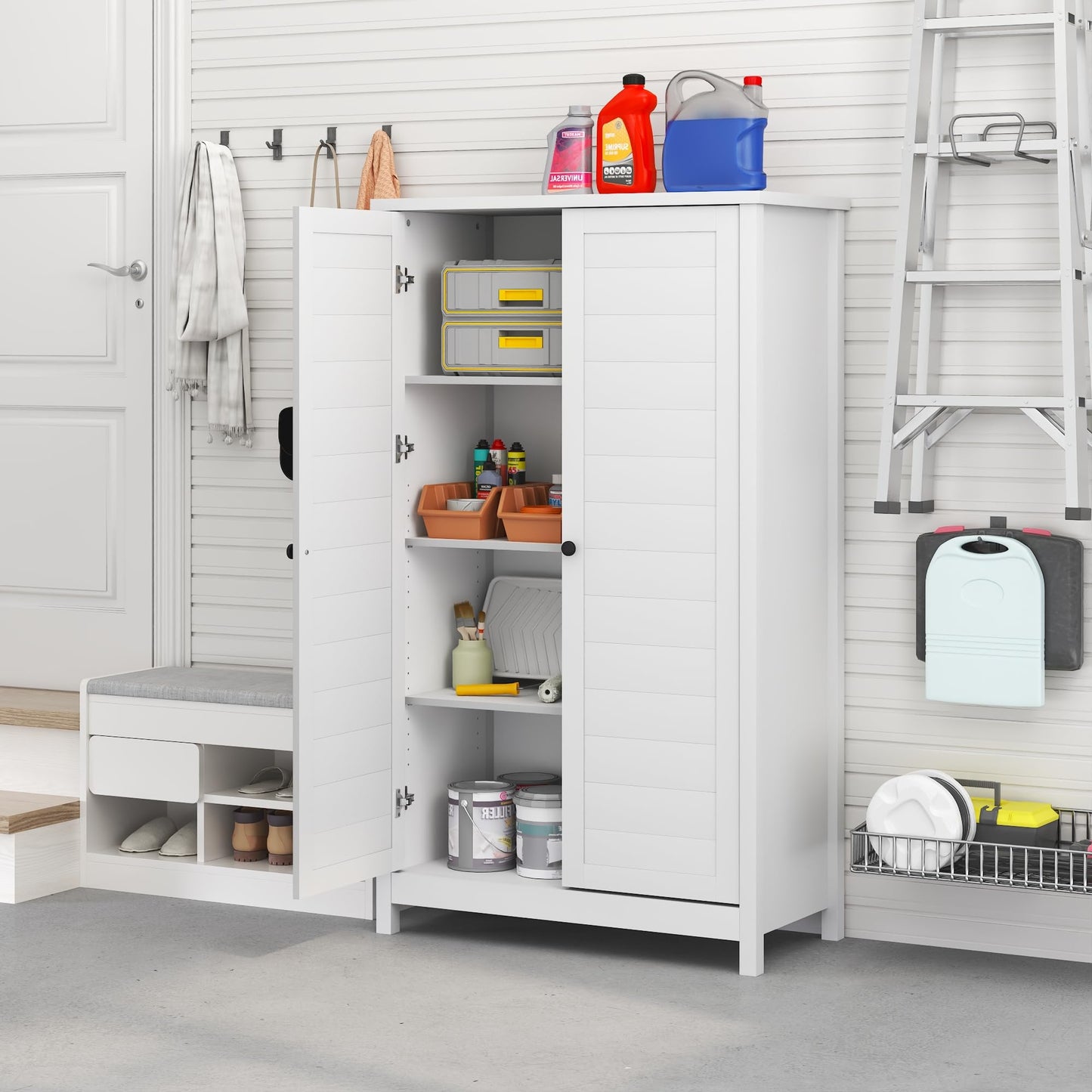 Furinno Robin Storage Cabinet, 4-Tier Pantry Cabinet with Adjustable Shelves, 35W with Louvered Doors, Kitchen Cabinet, Organization and Storage, for Pantry, Living Room, Home Office, White