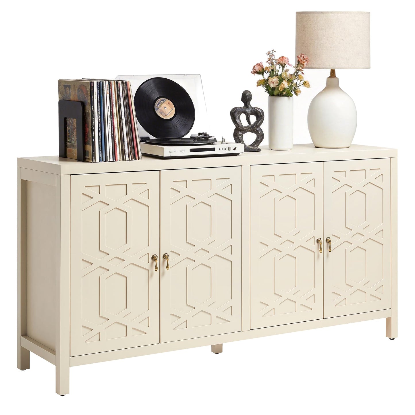 FansaFurn 60'' Buffet Cabinet with 4 Doors, Modern Wood Sideboard with Adjustable Shelves, Painted Coffee Bar Table Credenza Storage Cabinet for Living Room, Dining Room, Beige