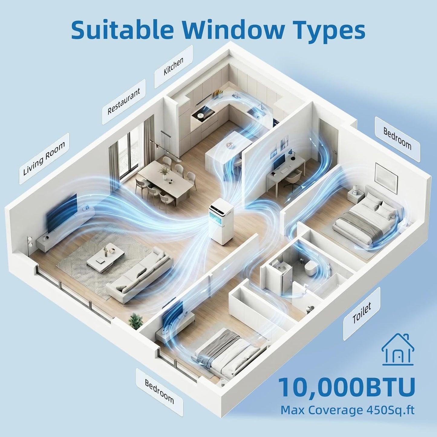 Portable Air Conditioner, 10000 BTU, Cools Up to 450 Sq Ft, Remote Control, 2 Fan Speeds, 24 Hour Timer, Quiet Operation & Fan Mode, Portable AC for Bedroom, Office, Home & Dorm