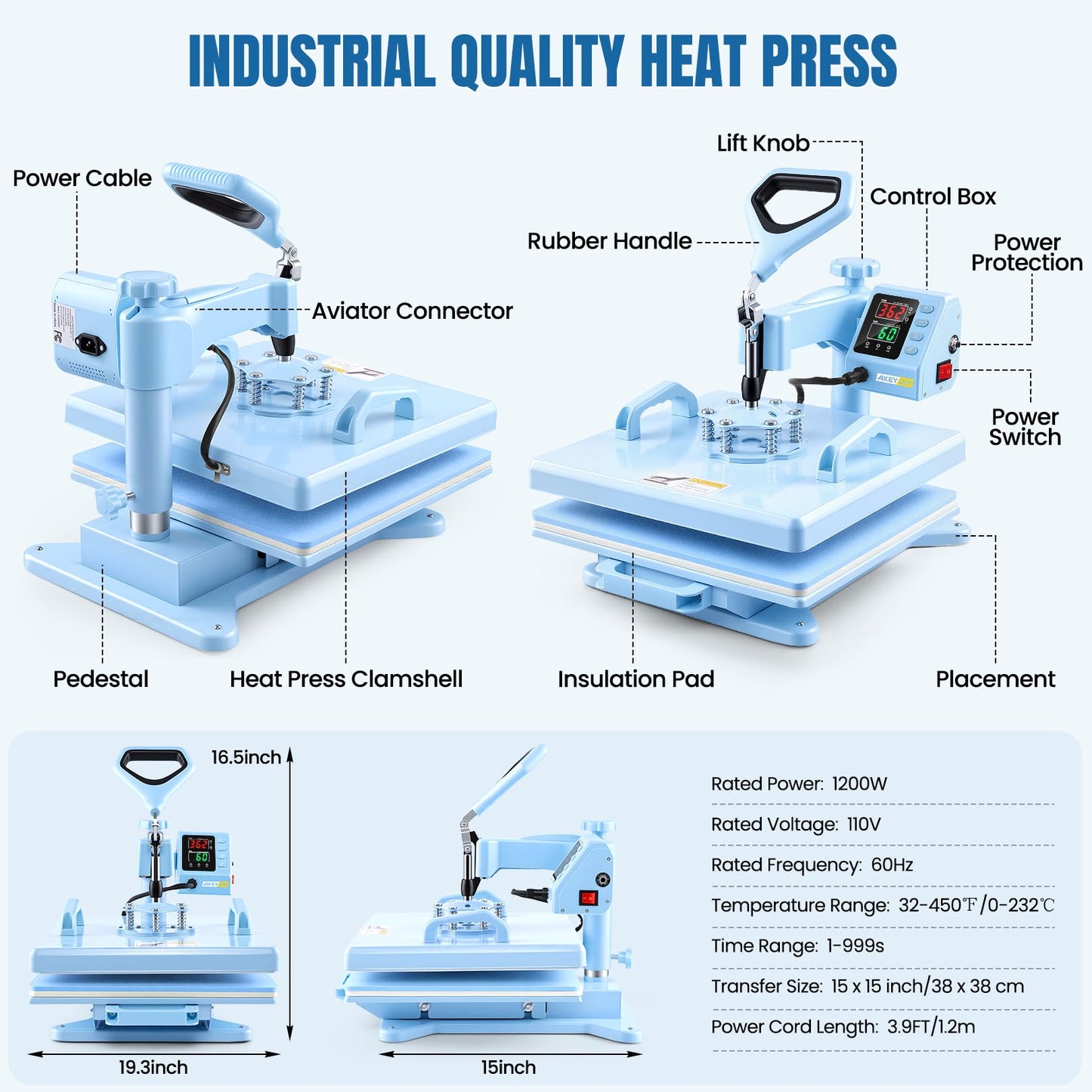 AKEYDIY Heat Press 15x15 inch 8 in 1 with 30OZ Tumbler Press, 360° Swivel Away Slide Out Digital Shirt Press Machine, Industrial Heat Transfer Machine Sublimation for T-Shirt (15x15-8 in 1 Blue)