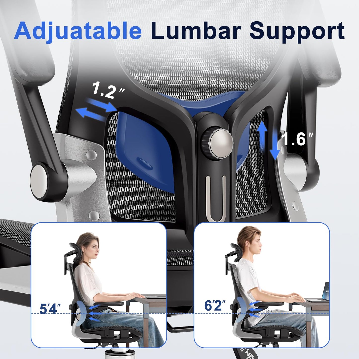 marrap Ergonomic Office Chair, Mesh Seat Cushion with 3D Armrests and 3D Headrest, Adjustable Lumbar Support with 90-120° Rocking Function for Home Office, Black