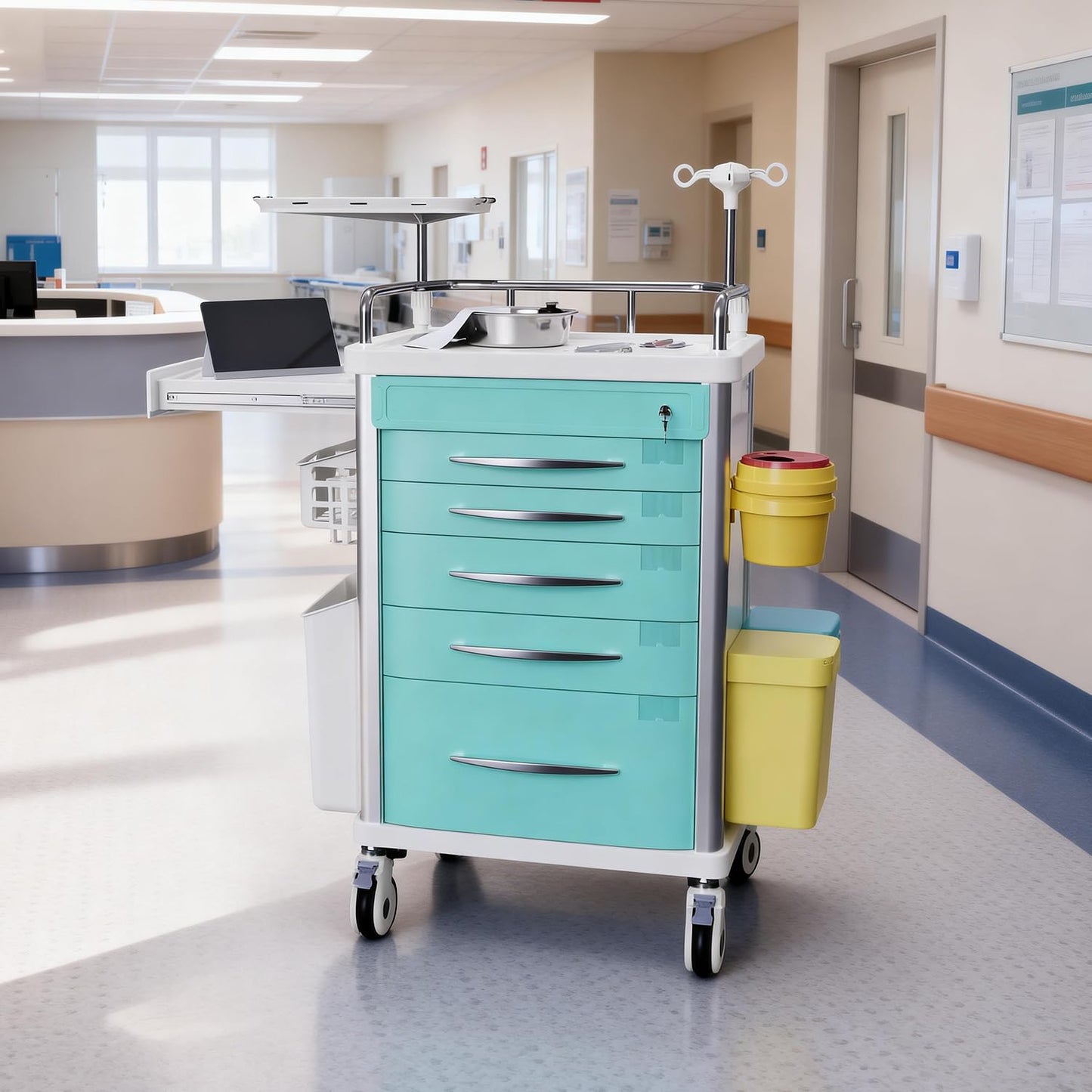 OLERN Rolling Crash Cart Medical with Drawers - Adjustable IV Pole, Silent Casters, Needle Disposal Holder, Trash Bin, O2 Holder, Utility Trolley Cart for Clinic, Hospital, Salon, Lab