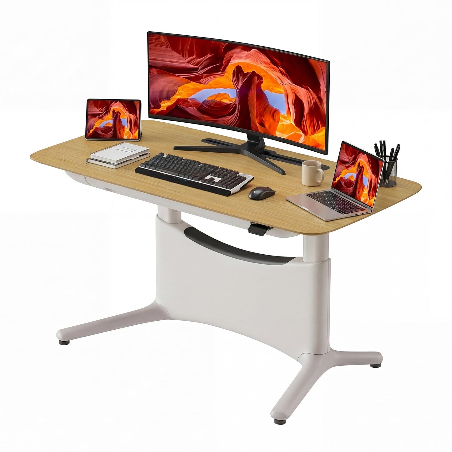 COLAMY Electric Standing Desk 55x28, Desktop Wobble-Free Dual Motor Sit Stand Up Desk with Drawers, Outlets & Footrest, Adjustable Height Computer Table for Home Office Workstation, Oak,White