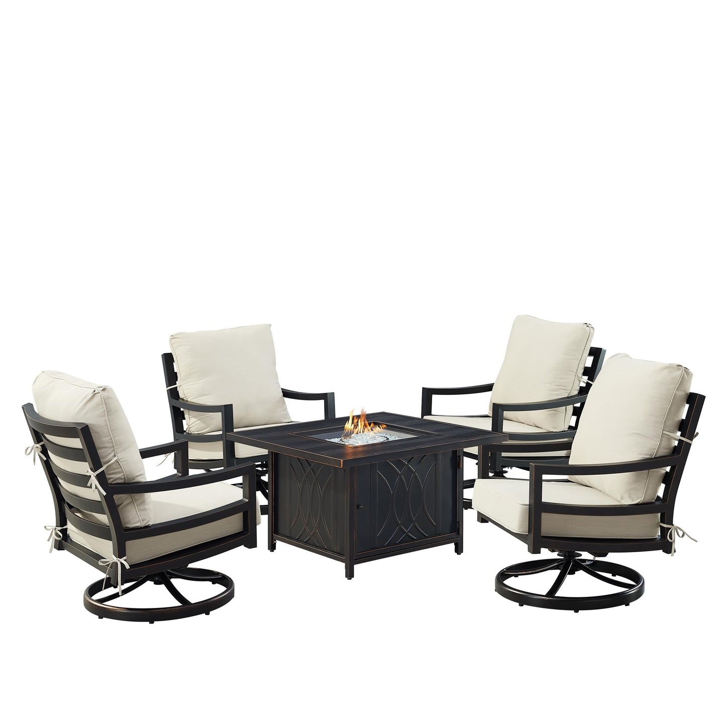 Oakland Living Black Aluminum Patio Fire Table Set with Four Club Chairs with Light Grey Cushions