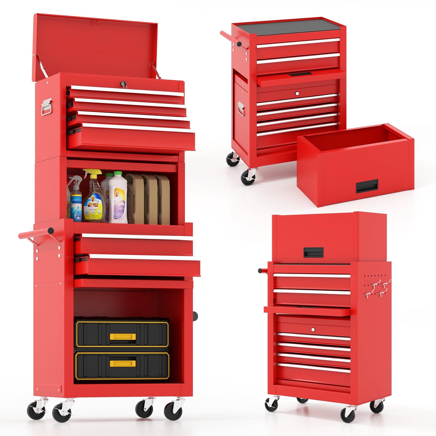 ARNOT 2-in-1 Rolling Tool Chest with 5 Drawers, Heavy-Duty Metal Tool Box with Wheels, Detachable Top Tool Box & Rolling Tool Cabinet for Garage, DIY (6-Drawers Whith Middle Box, Red)